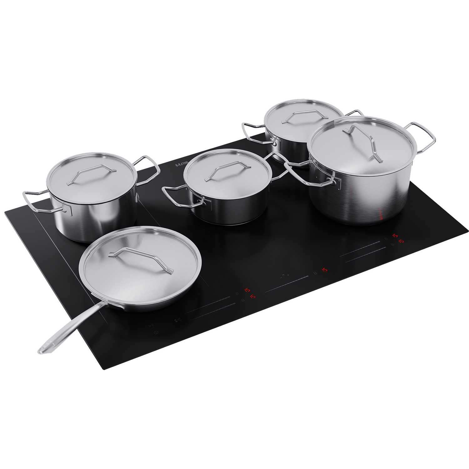 Stainless steel pots and pans on a black stovetop. Five pots with lids are visible.