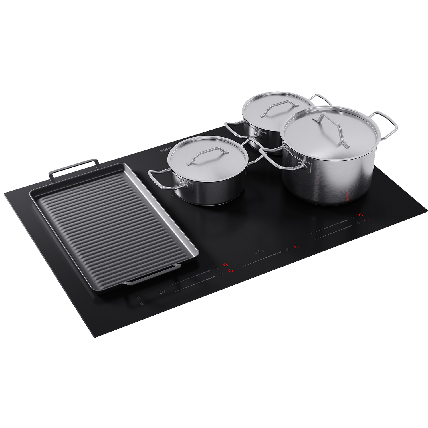 Black induction cooktop with three pots and a grill pan. Red number displays are visible.