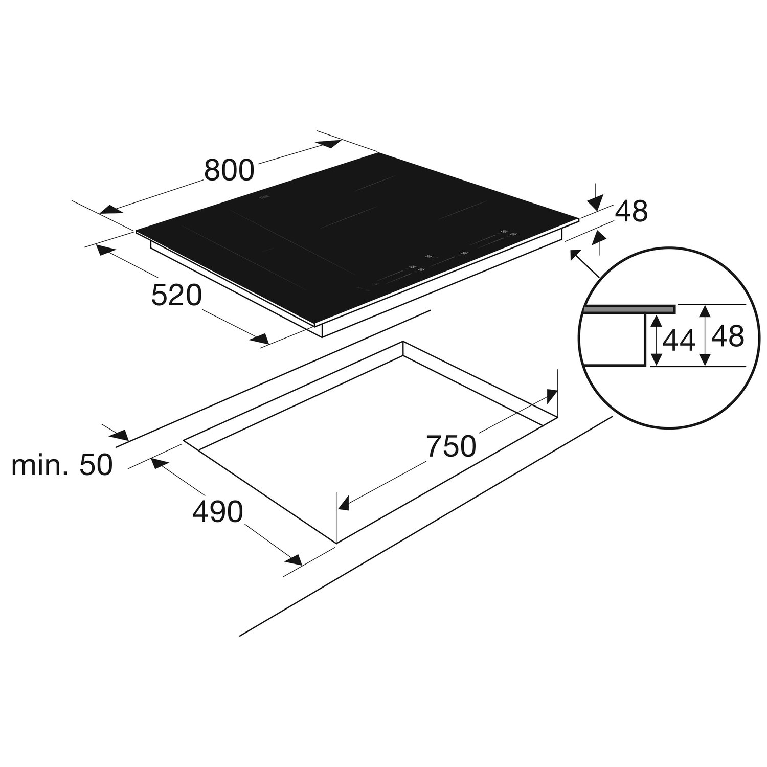 Black induction hob with dimensions. White background.