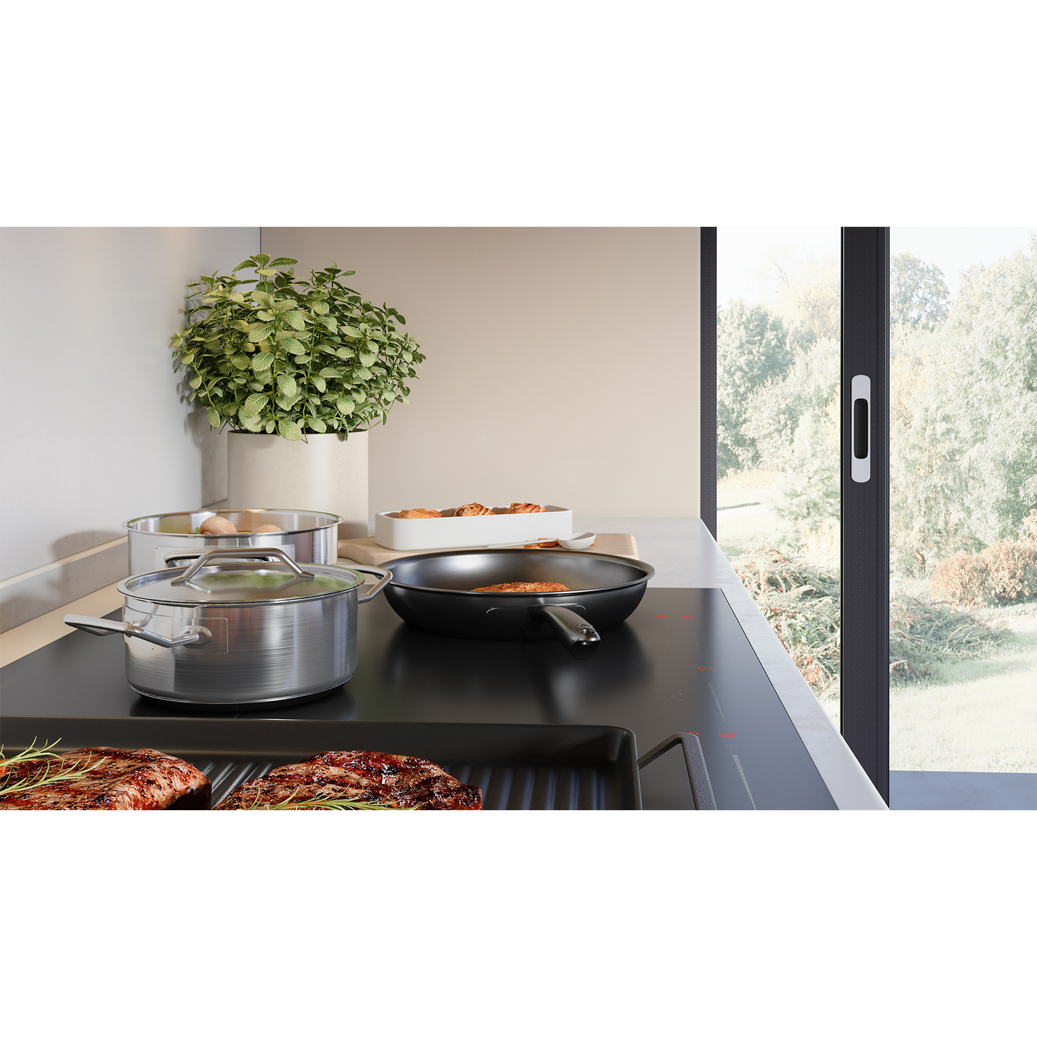 Kitchen with cooking utensils and a stove with food on it.
