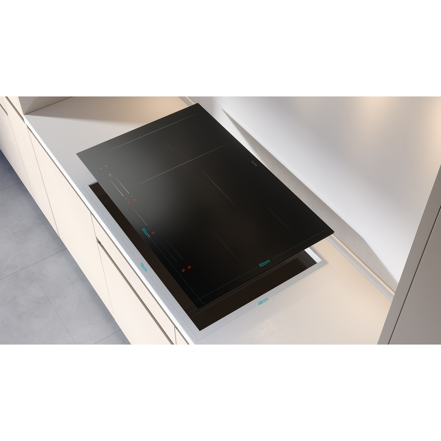 A black induction cooktop with measurements, installed in a white countertop.