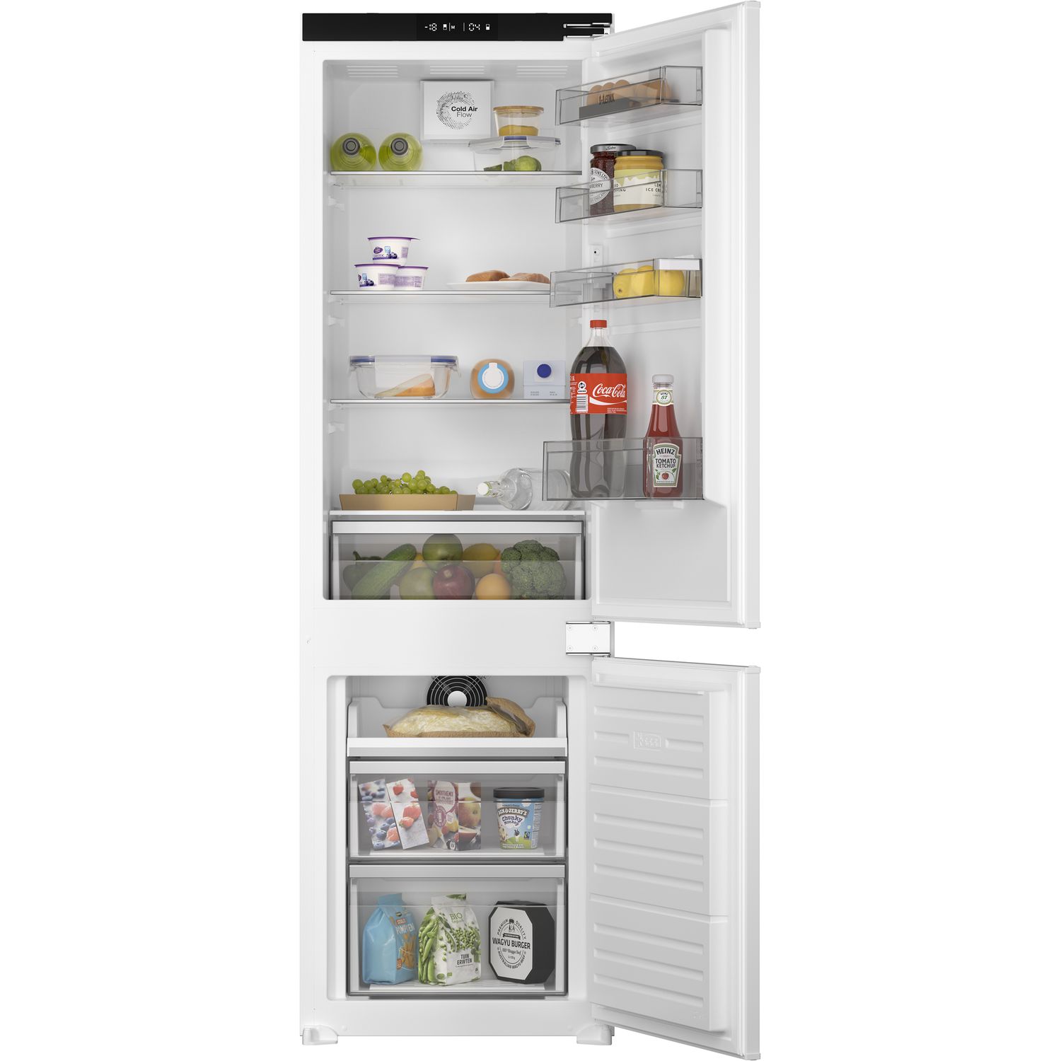 A white refrigerator with the doors open, displaying shelves with food items.