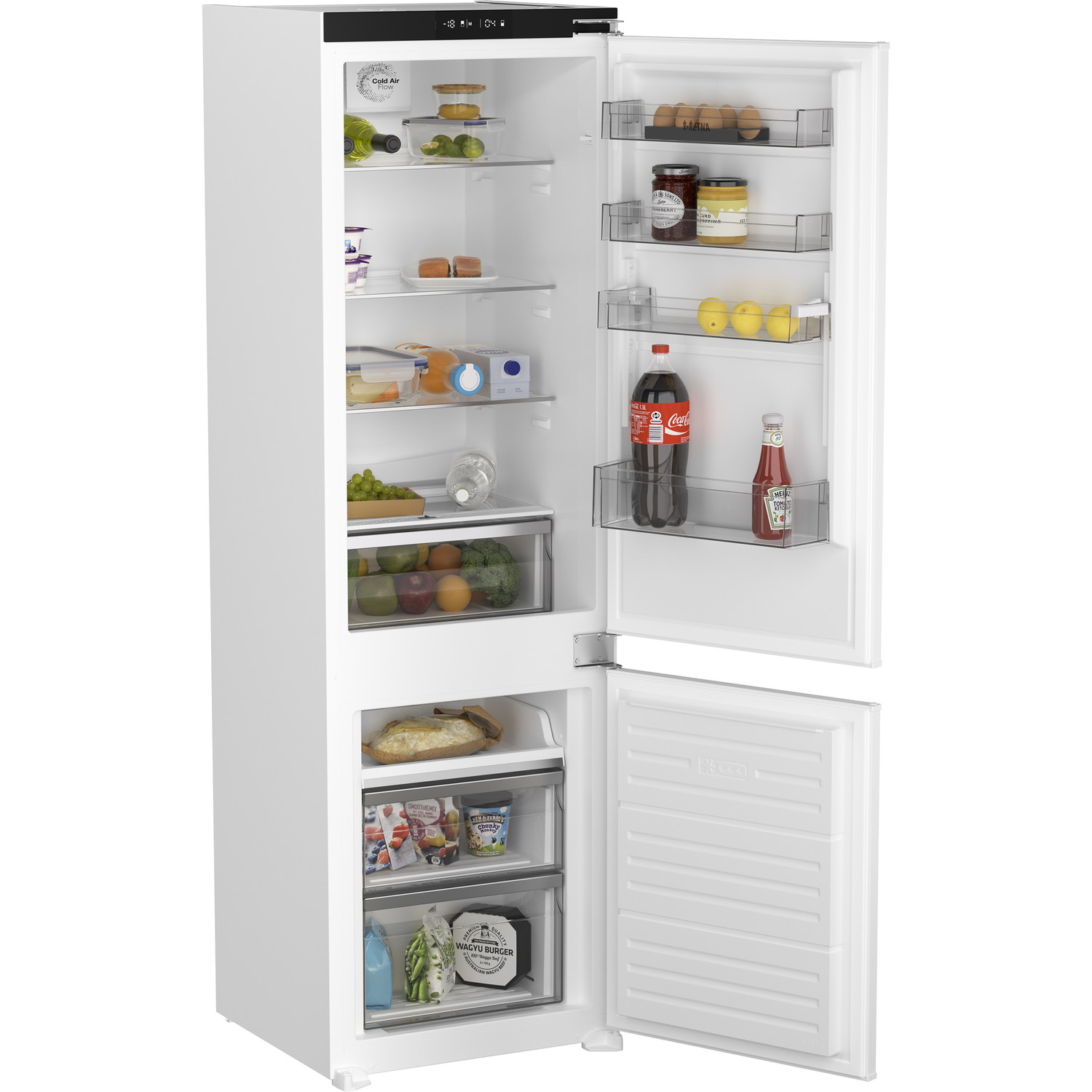 A white refrigerator with open doors, revealing food items on shelves.
