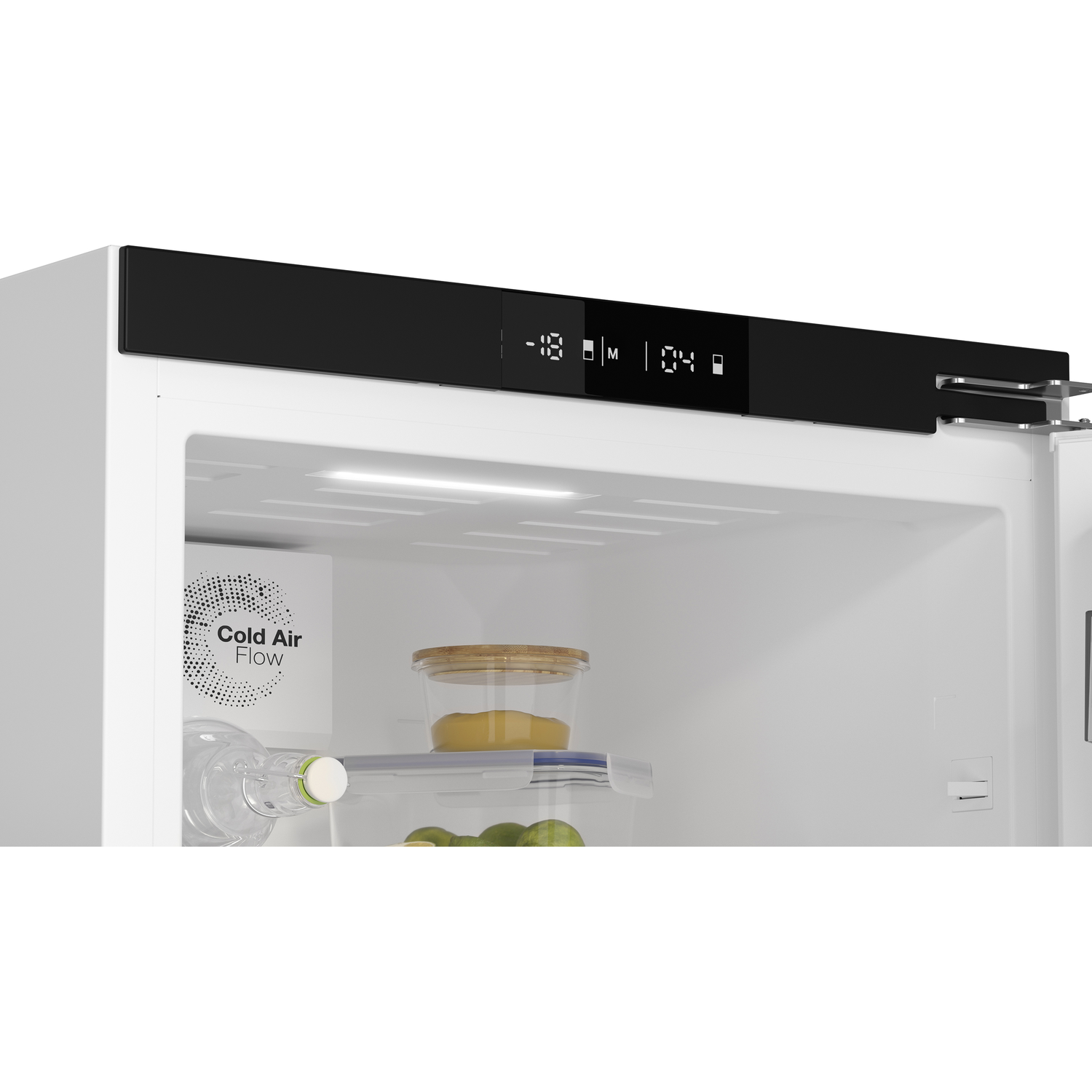 Inside of a white refrigerator with display.