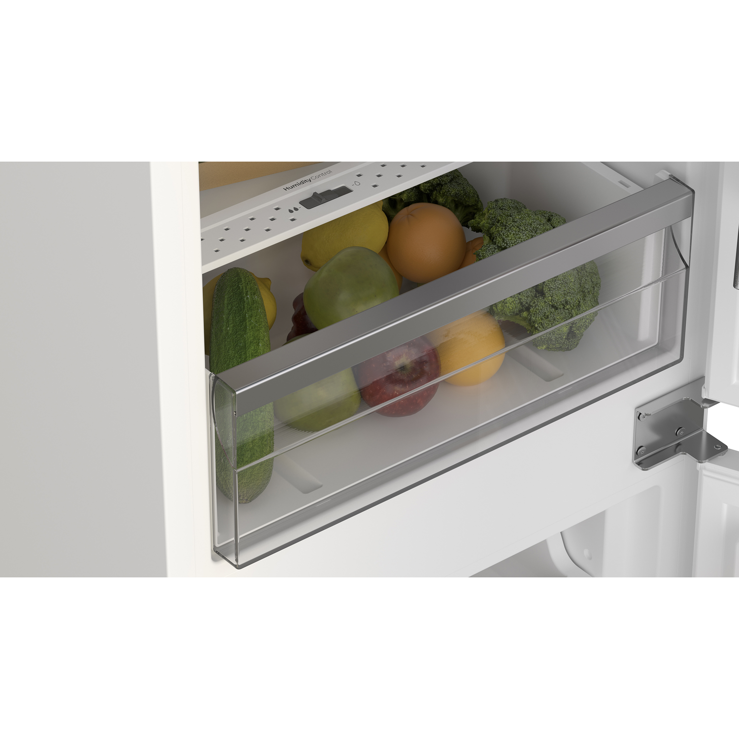 Refrigerator drawer with fruits and vegetables inside.