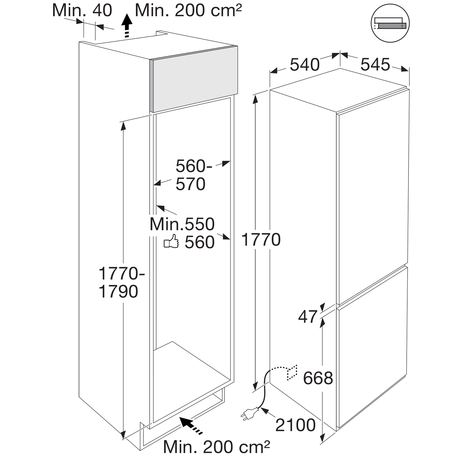An illustration of a refrigerator with dimensions provided.