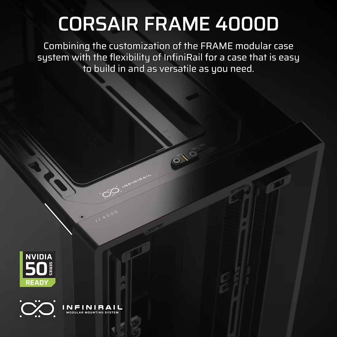 Schwarzes Computergehäuse mit dem Label Corsair Frame 4000D.
