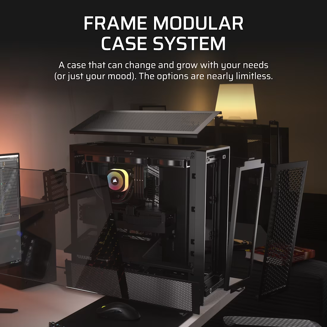 Schwarzes PC-Gehäuse, Glasplatte offen, Komponenten sichtbar. Text: Frame Modular Case System.