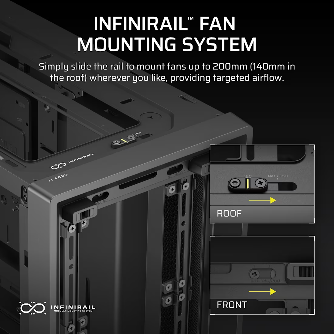 Nahaufnahme eines Computergehäuses mit Lüftermontagesystem und Diagrammen.