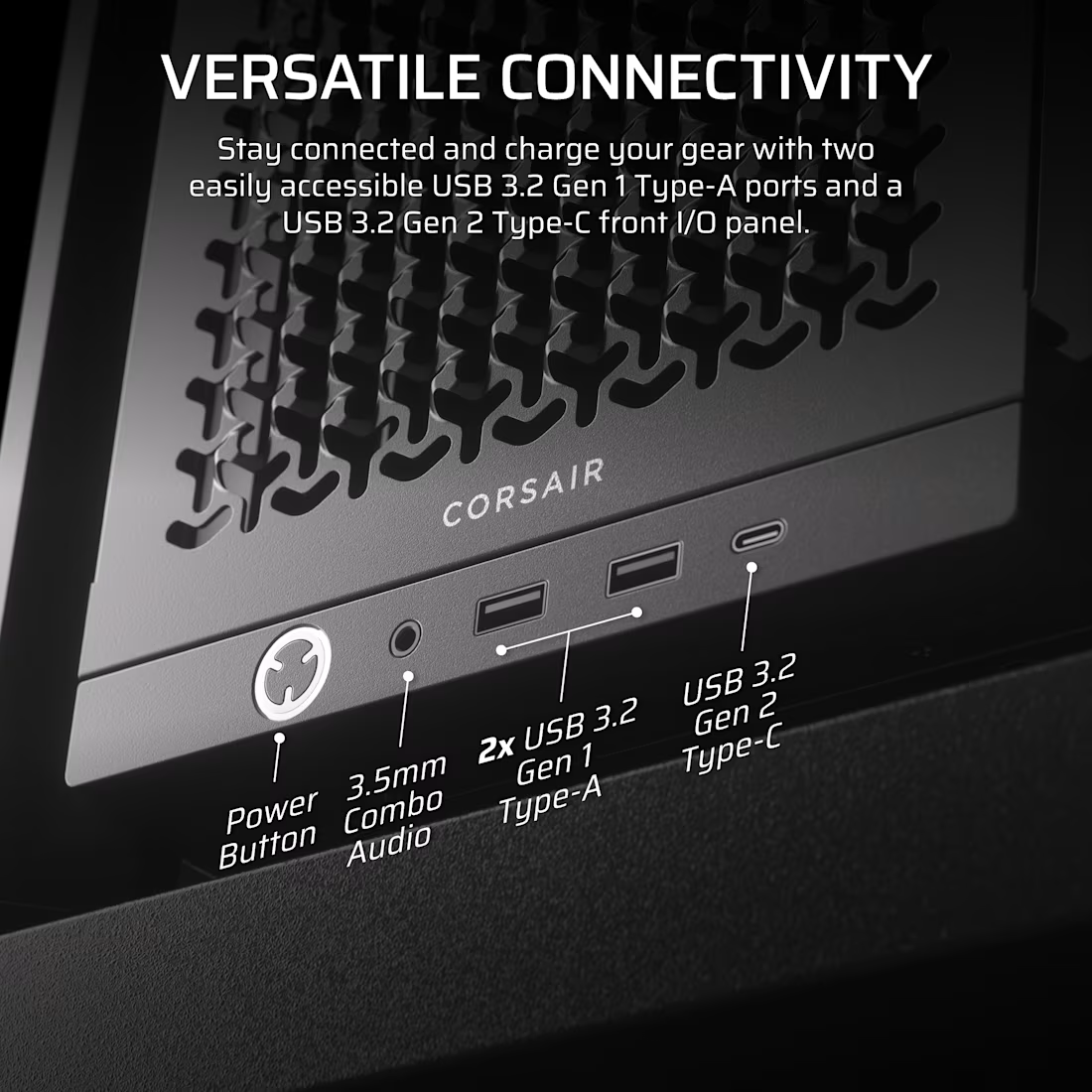 Nahaufnahme der E/A-Anschlüsse eines Computers mit USB-Anschlüssen und Text.