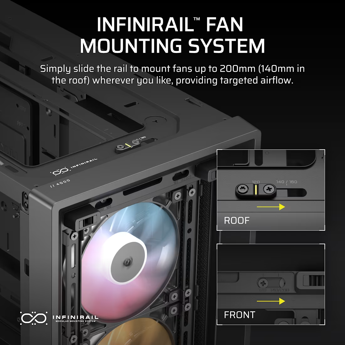 Schwarzes PC-Gehäusedetail mit Lüfter, Text-Overlay. Es bietet Luftstrom.