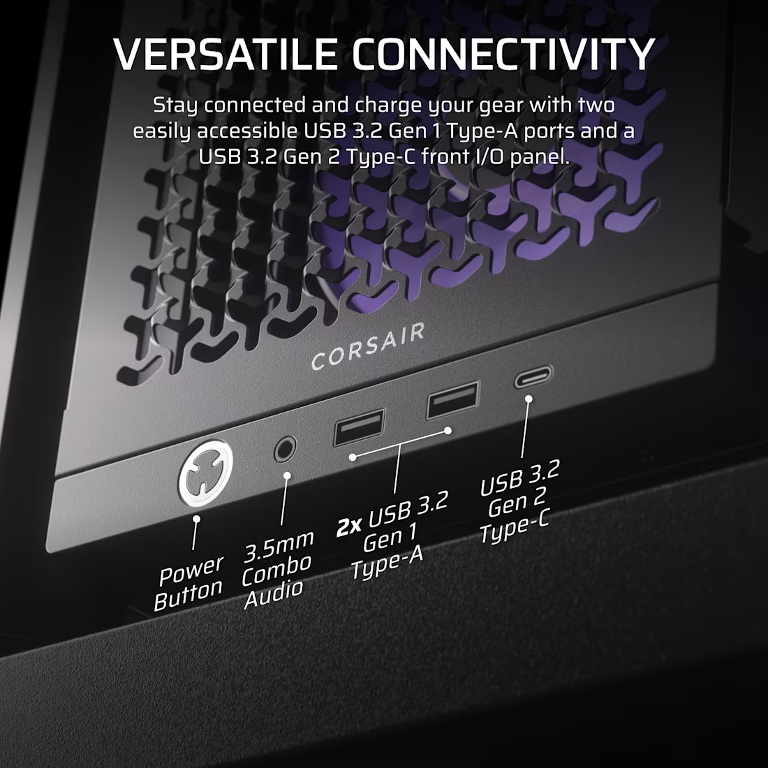 Nahaufnahme eines Computergehäuses mit Anschlüssen, einschließlich Ein-/Aus-Taste, USB-Anschlüssen und Audioanschluss, beschriftet.