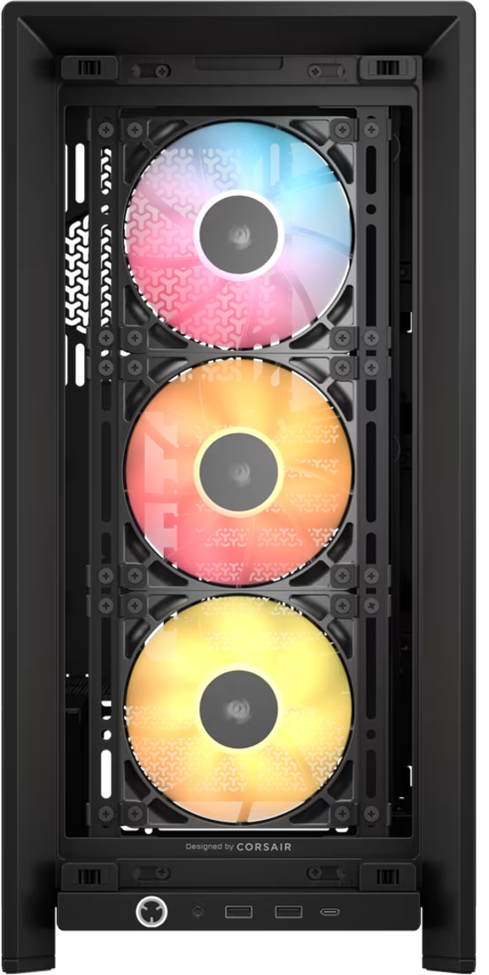 Vorderansicht eines Computergehäuses mit bunten Lüftern.