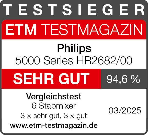 Testmagazin-Bewertung für einen Philips-Mixer. Text auf weiß-rotem Hintergrund.