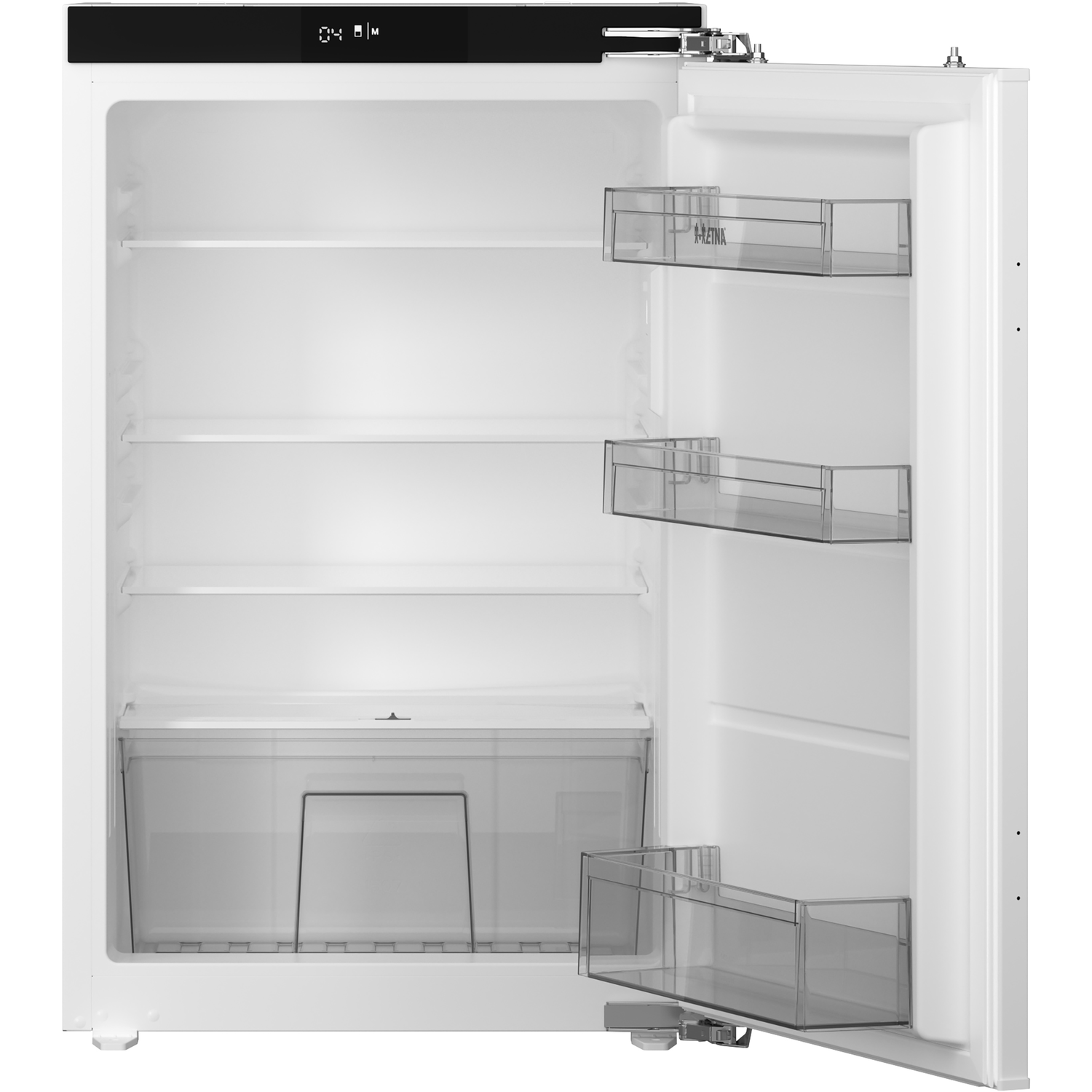 Witte koelkastinterieur met planken en doorzichtige bakken.