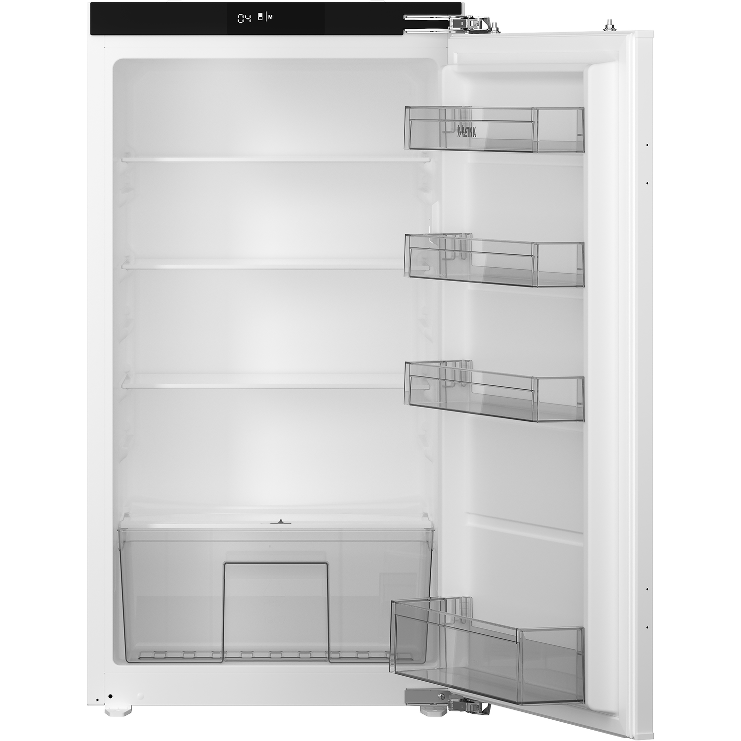 Open white refrigerator with shelves and transparent drawers. Digital display is visible.