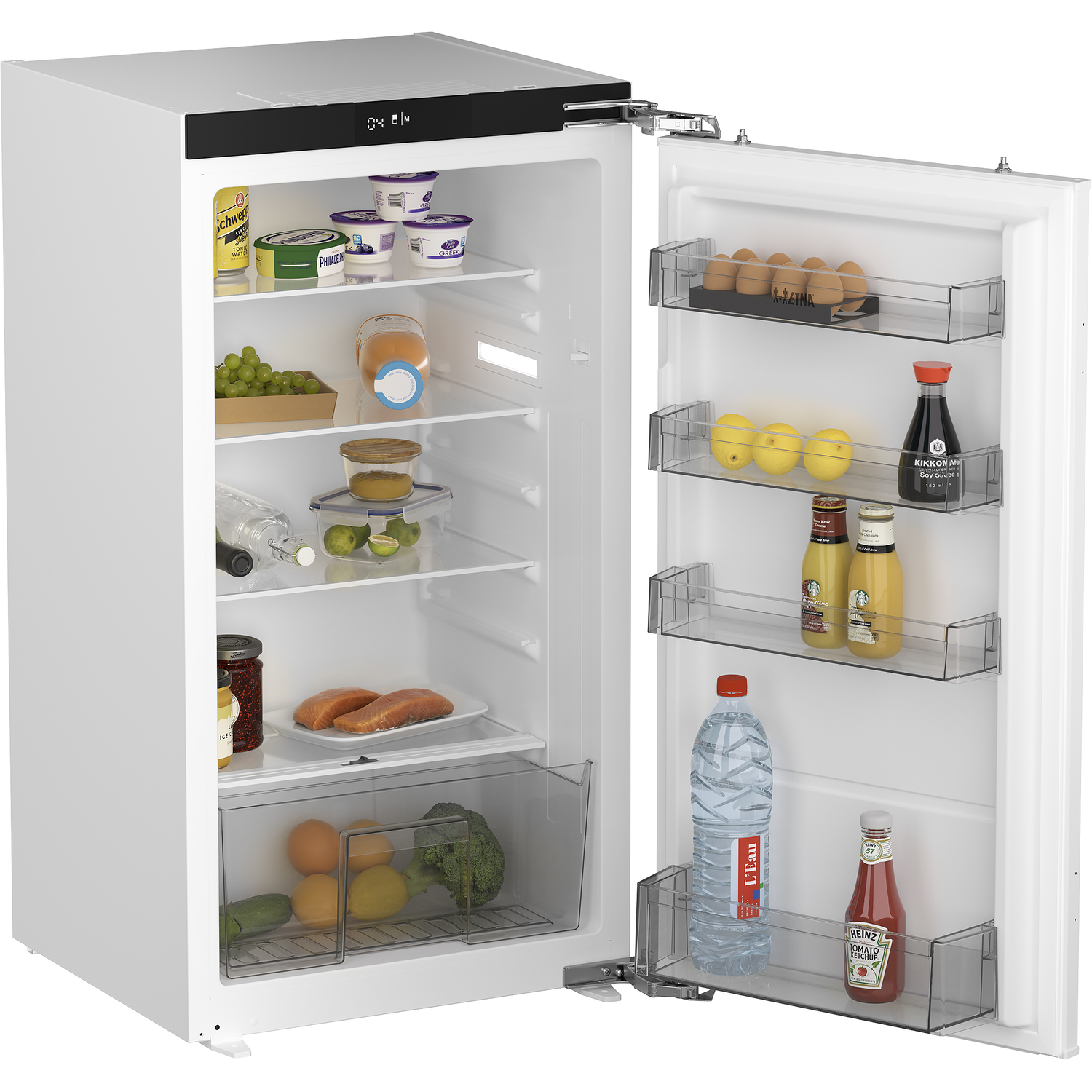 White refrigerator with the door open, full of food.