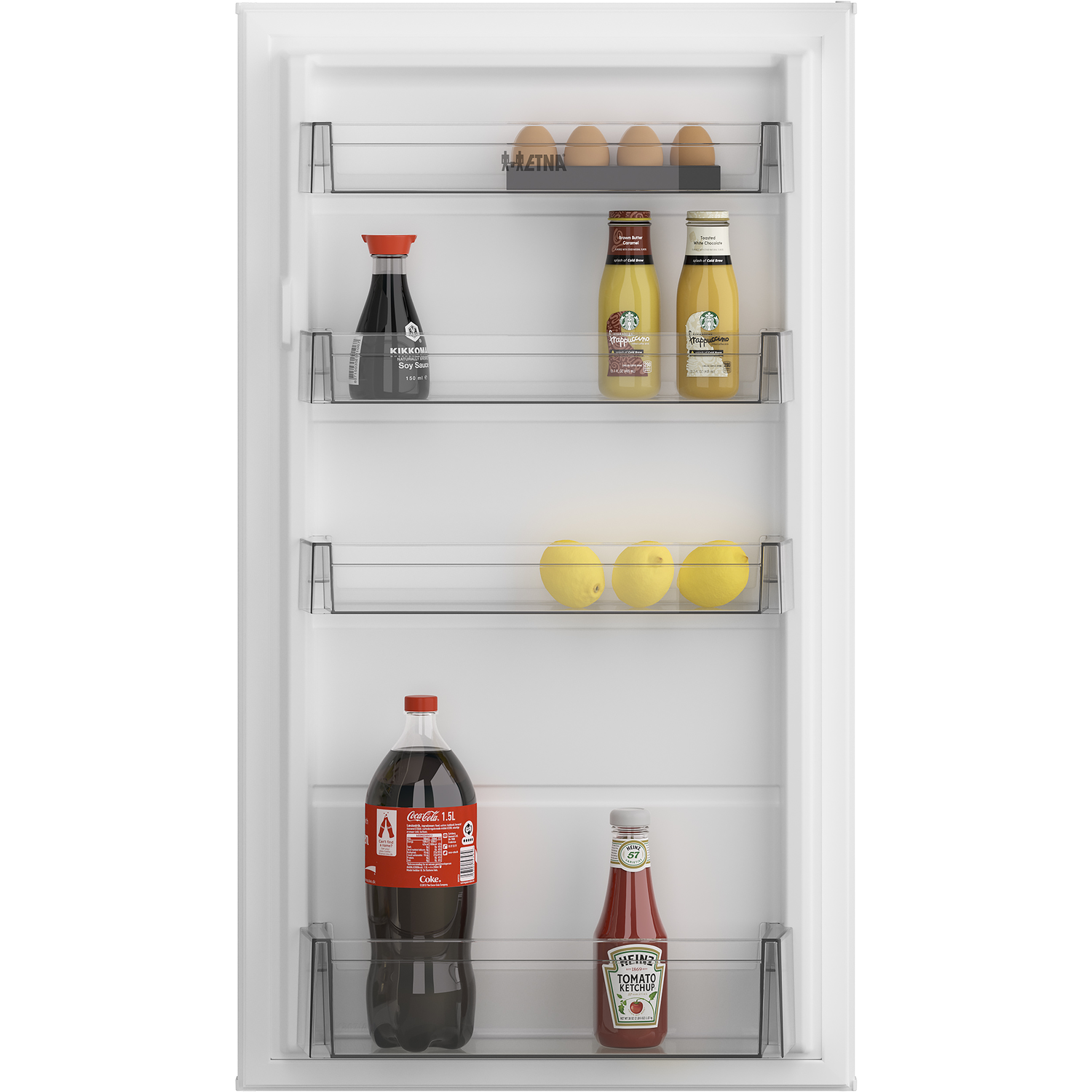 Refrigerator interior with shelves holding eggs, sauces, ketchup, and soda.