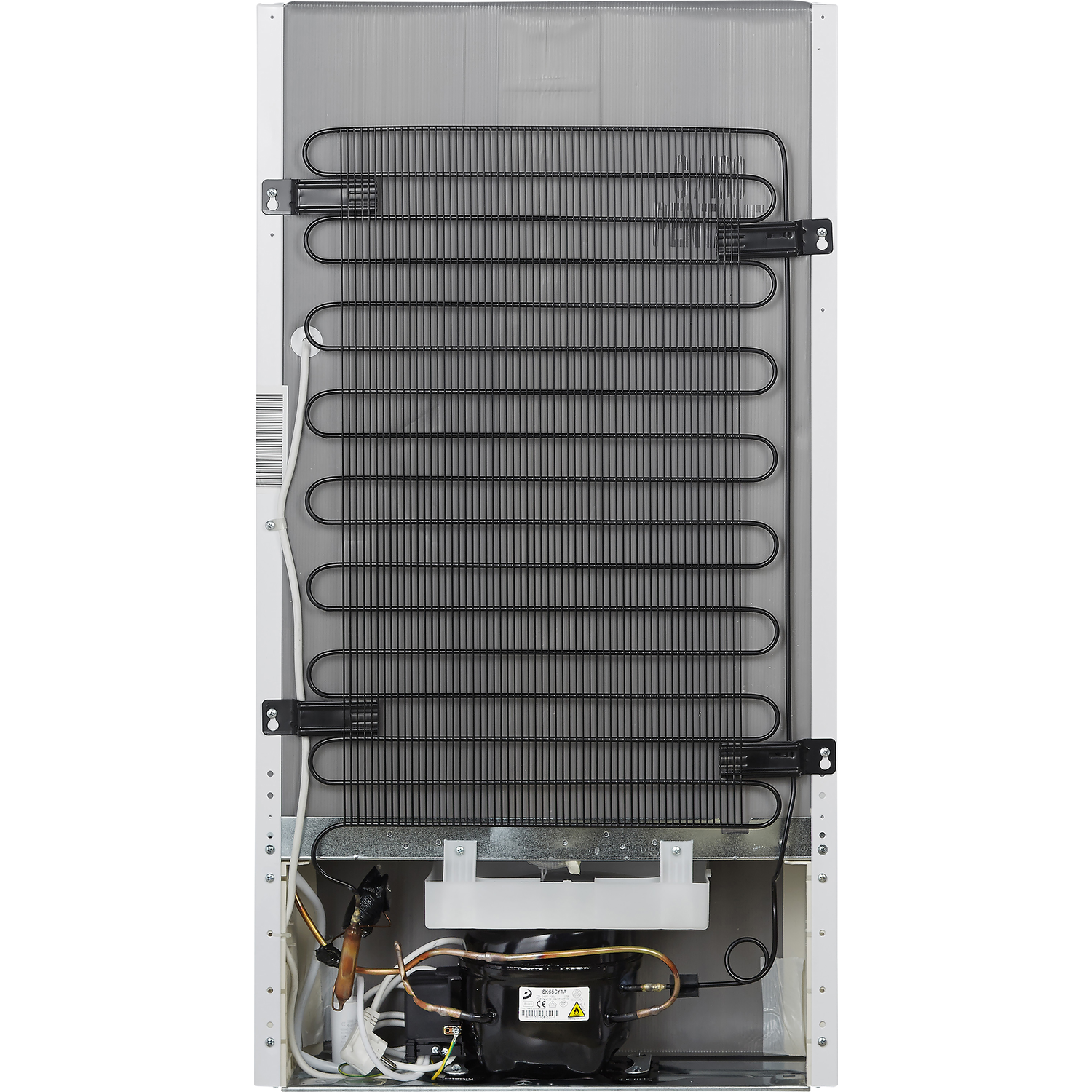 The back of a white refrigerator, showing the cooling coils and components.