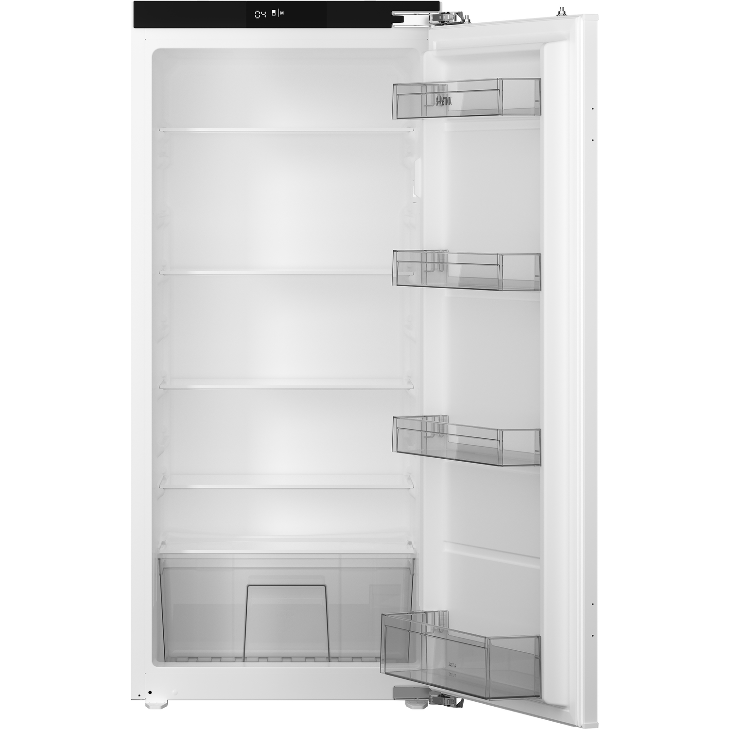 An open white refrigerator, empty inside with shelves and drawers.