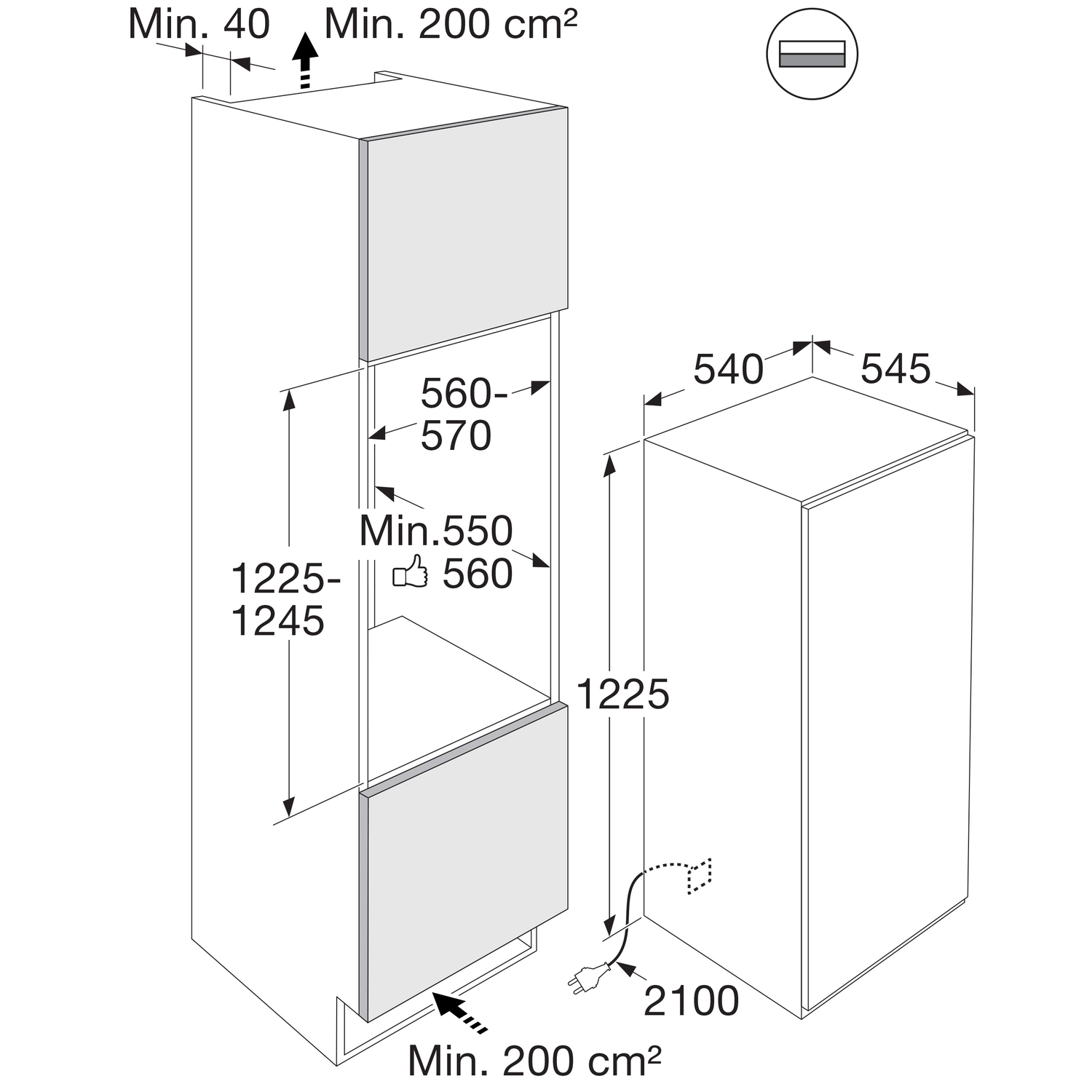 A technical drawing of a built-in refrigerator, with dimensions and measurements in centimeters.