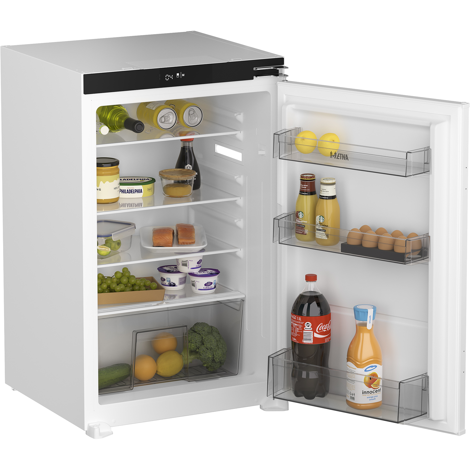 White refrigerator with open door. Inside are drinks, food items on shelves and in drawers.