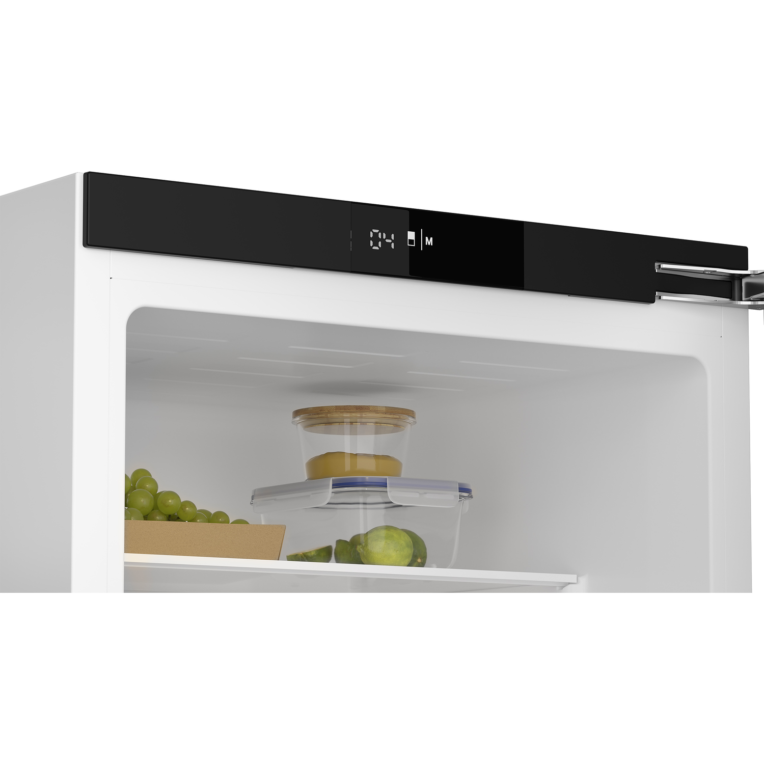 Fridge interior with food storage and a digital display on the top.