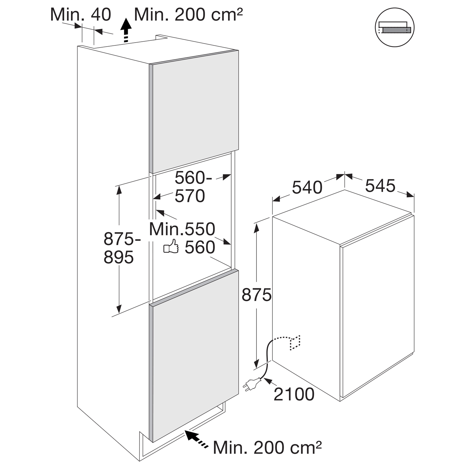 Technical drawing of a built-in refrigerator and freezer with dimensions labeled in centimeters.