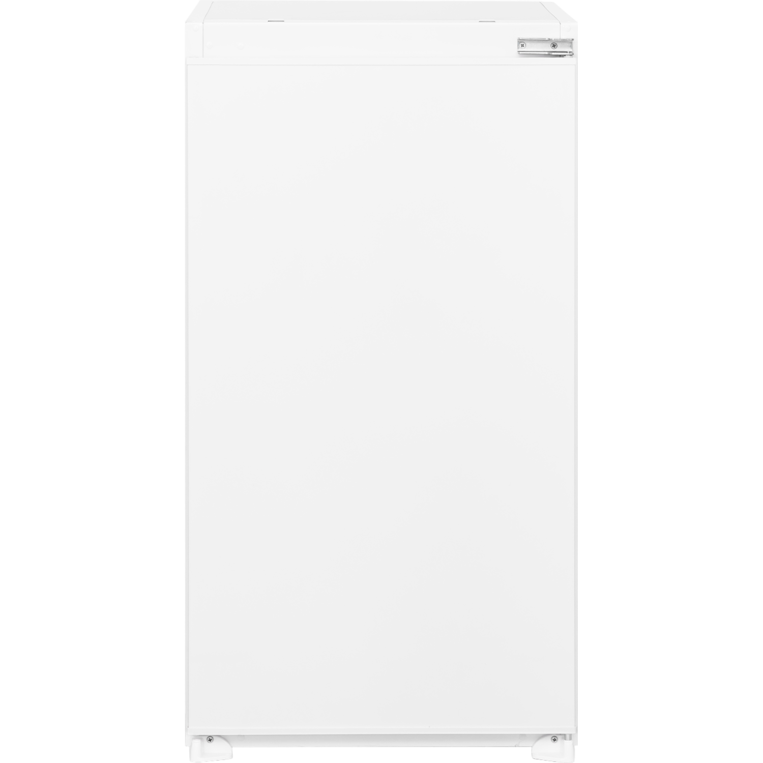 White, upright refrigerator with a handle at the top. The door is closed. It's a clean view.