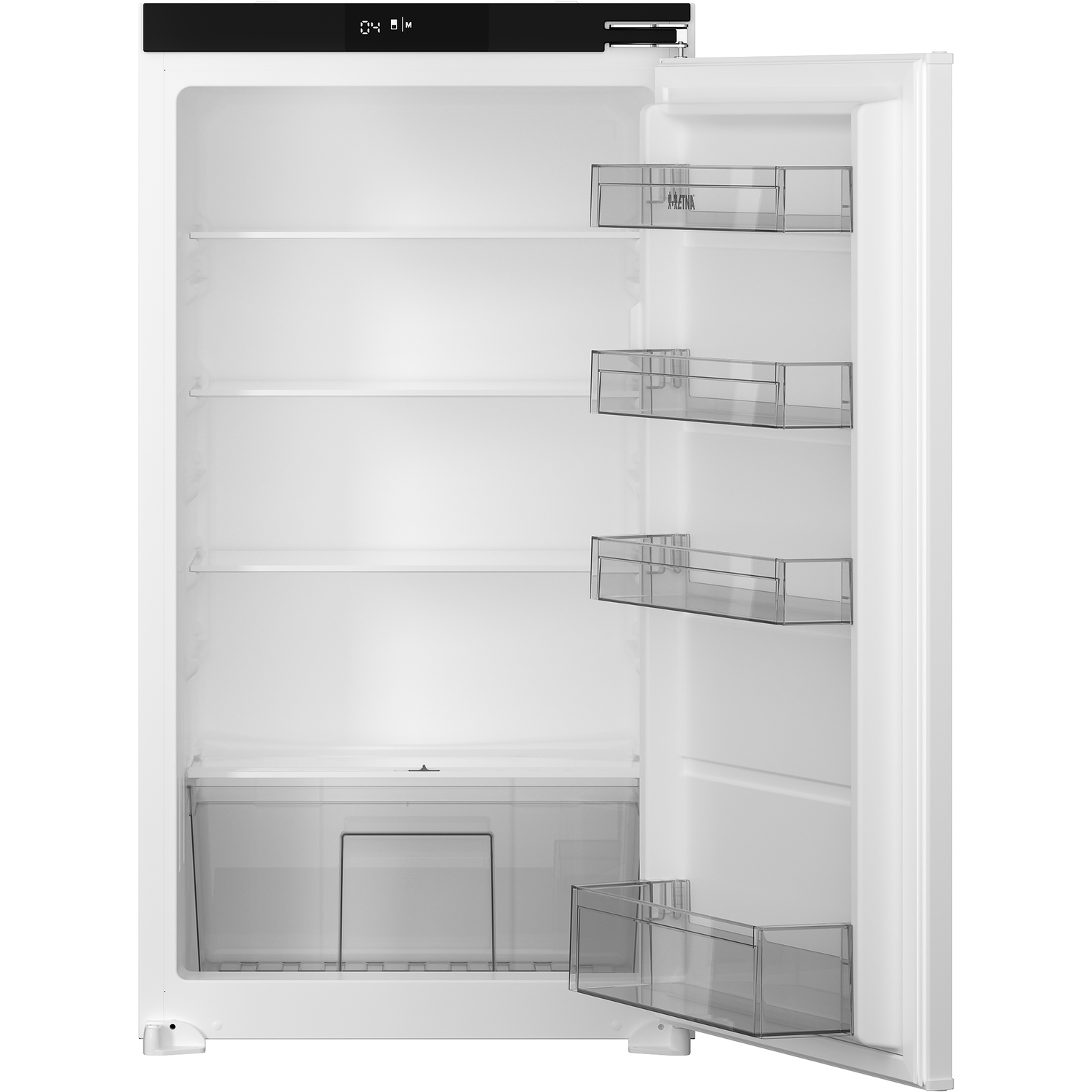 White refrigerator with open door, shelves, and transparent drawers.