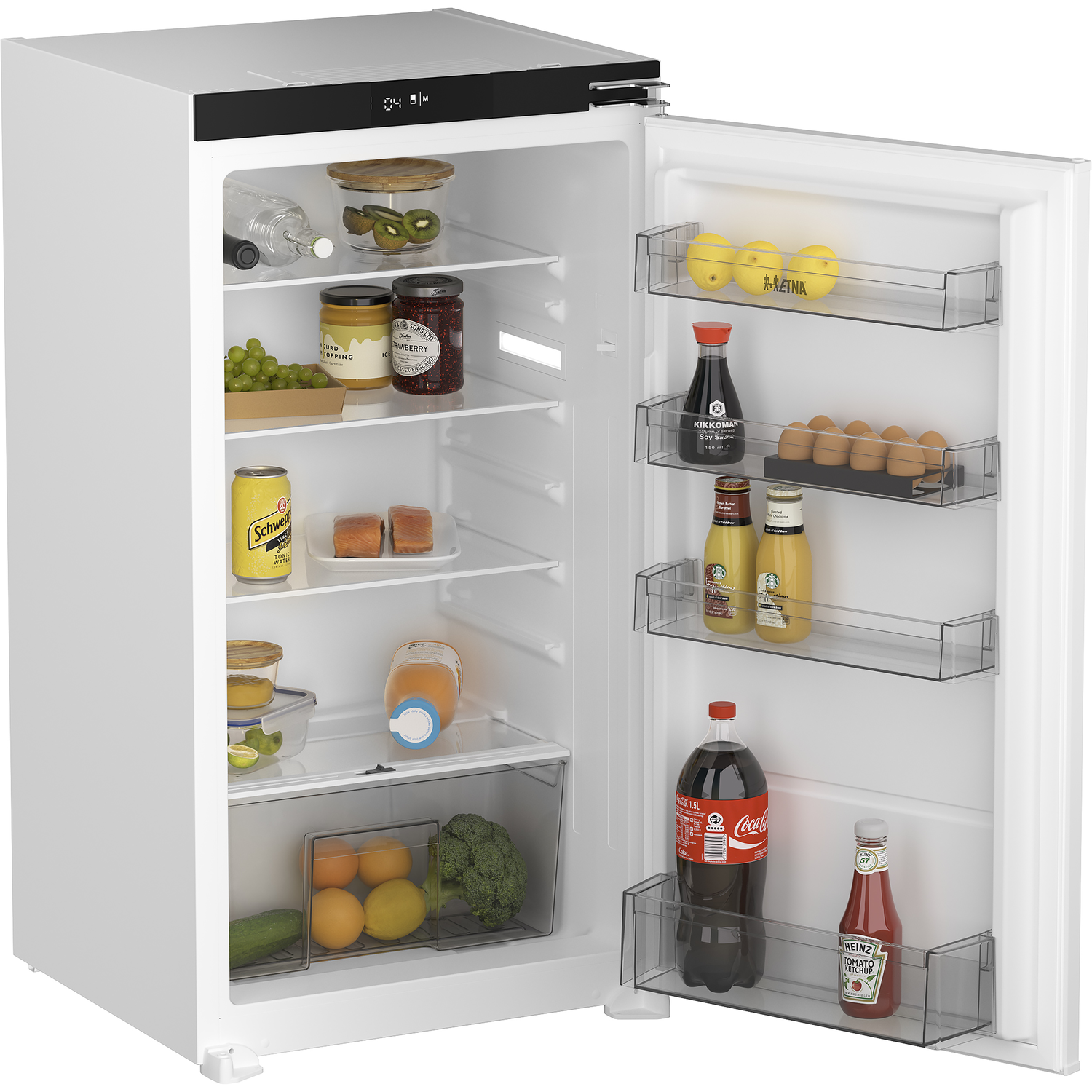 A white refrigerator with its door open, showing shelves and various food items.