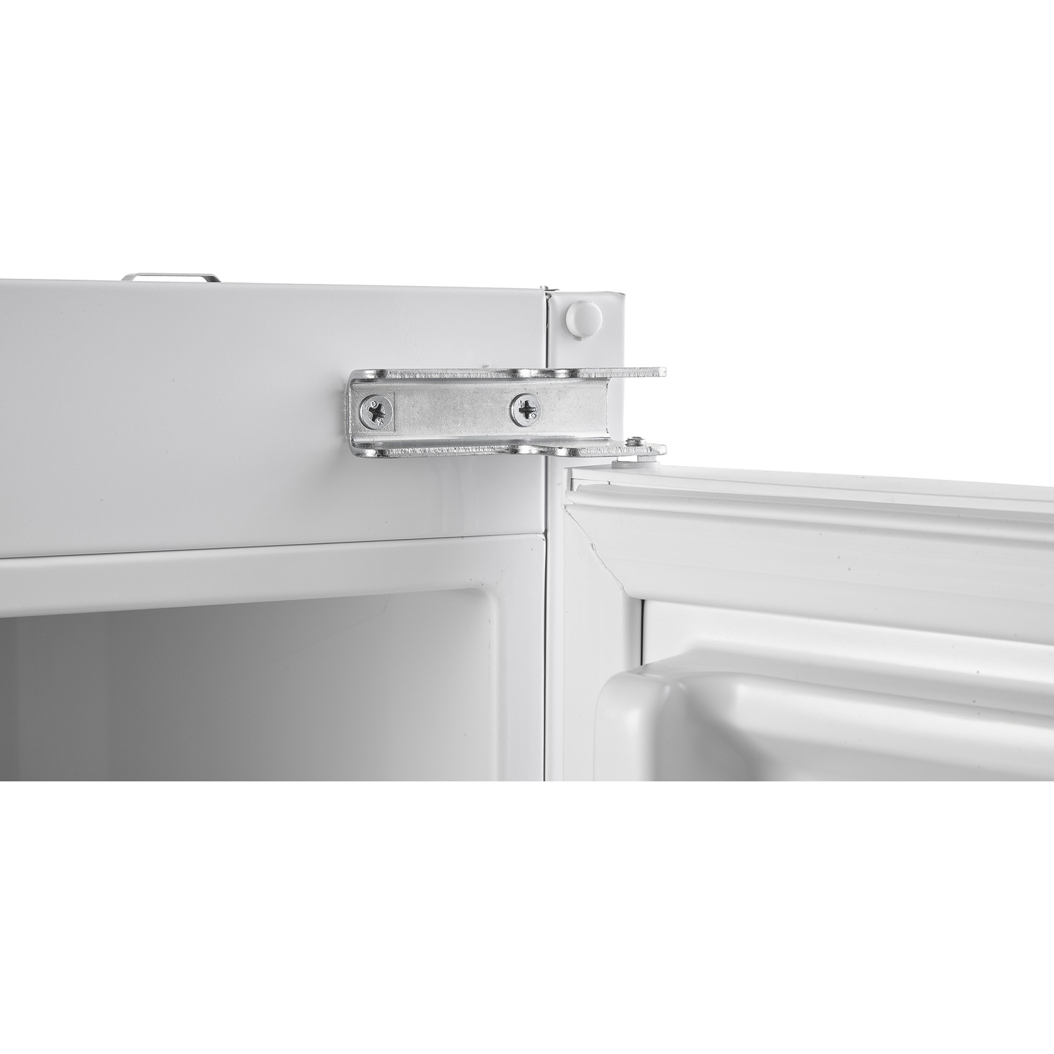 Close-up of a white refrigerator door with a silver hinge, against a white background.