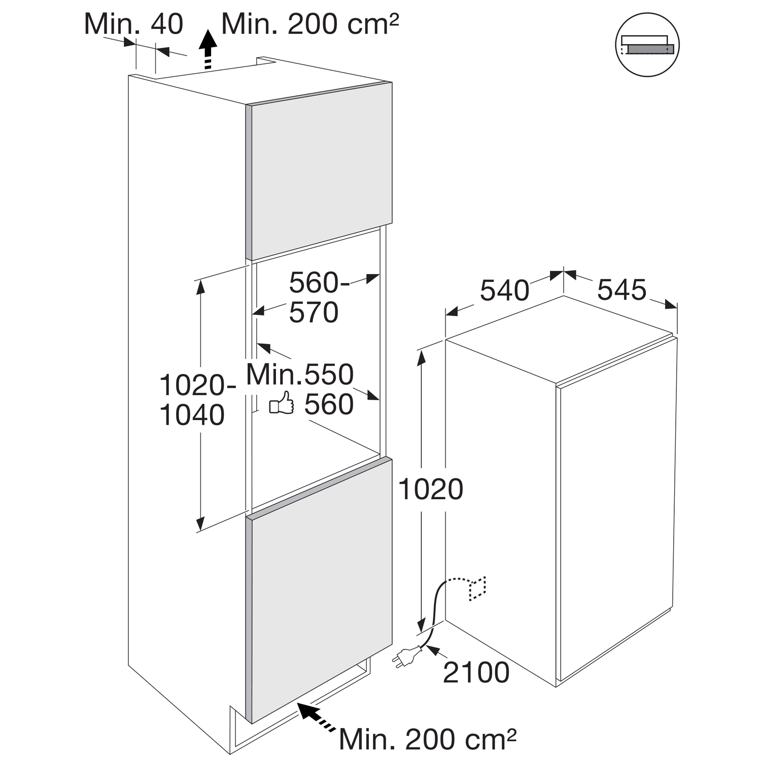 Diagram of a built-in refrigerator with dimensions. The refrigerator is white and grey.