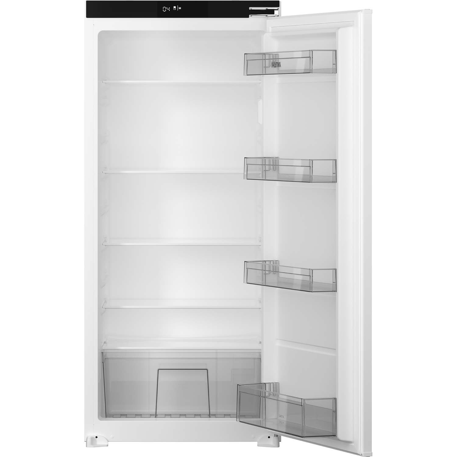 Open witte koelkast met planken, lades en een bedieningspaneel bovenaan.