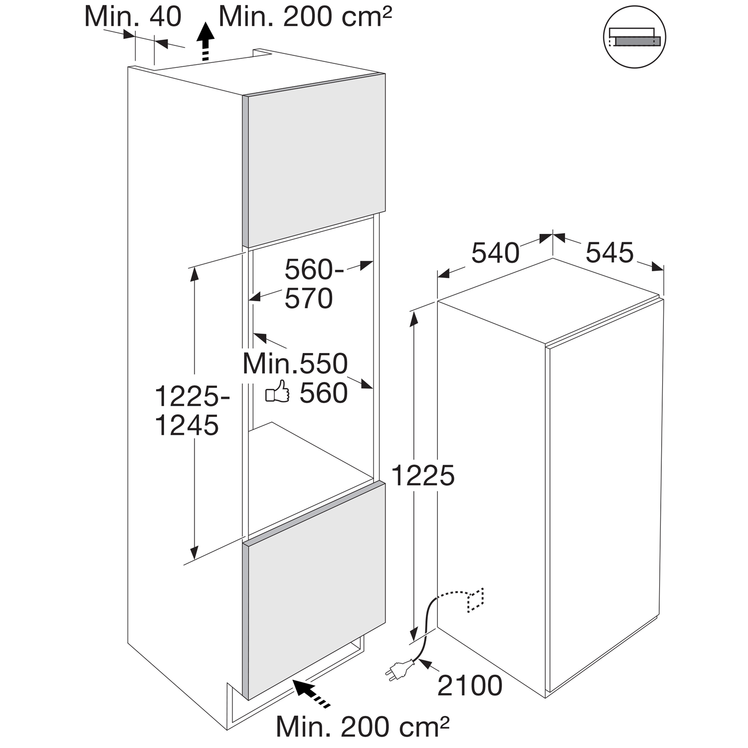Diagram van een inbouwkoelkast met afmetingen en installatie-eisen in cm.