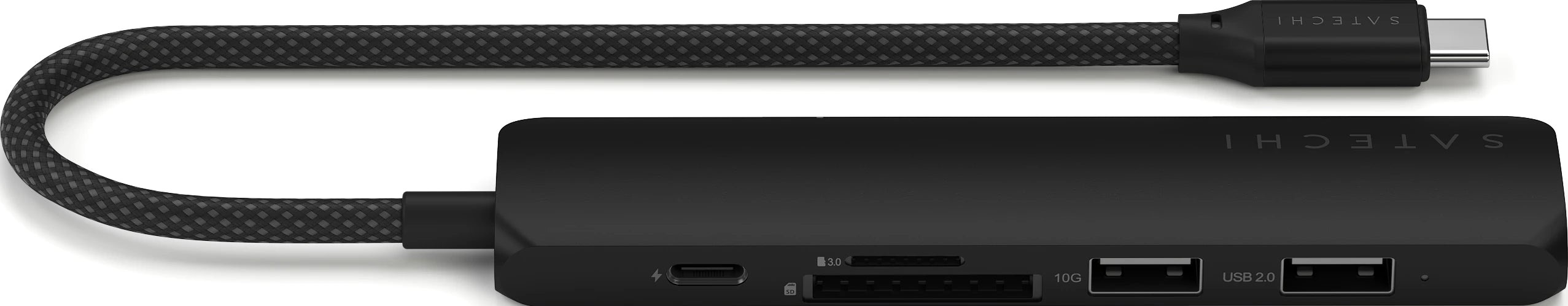 Ein schwarzer Satechi USB-C-Hub mit Anschlüssen, verbunden mit einem schwarzen geflochtenen Kabel.