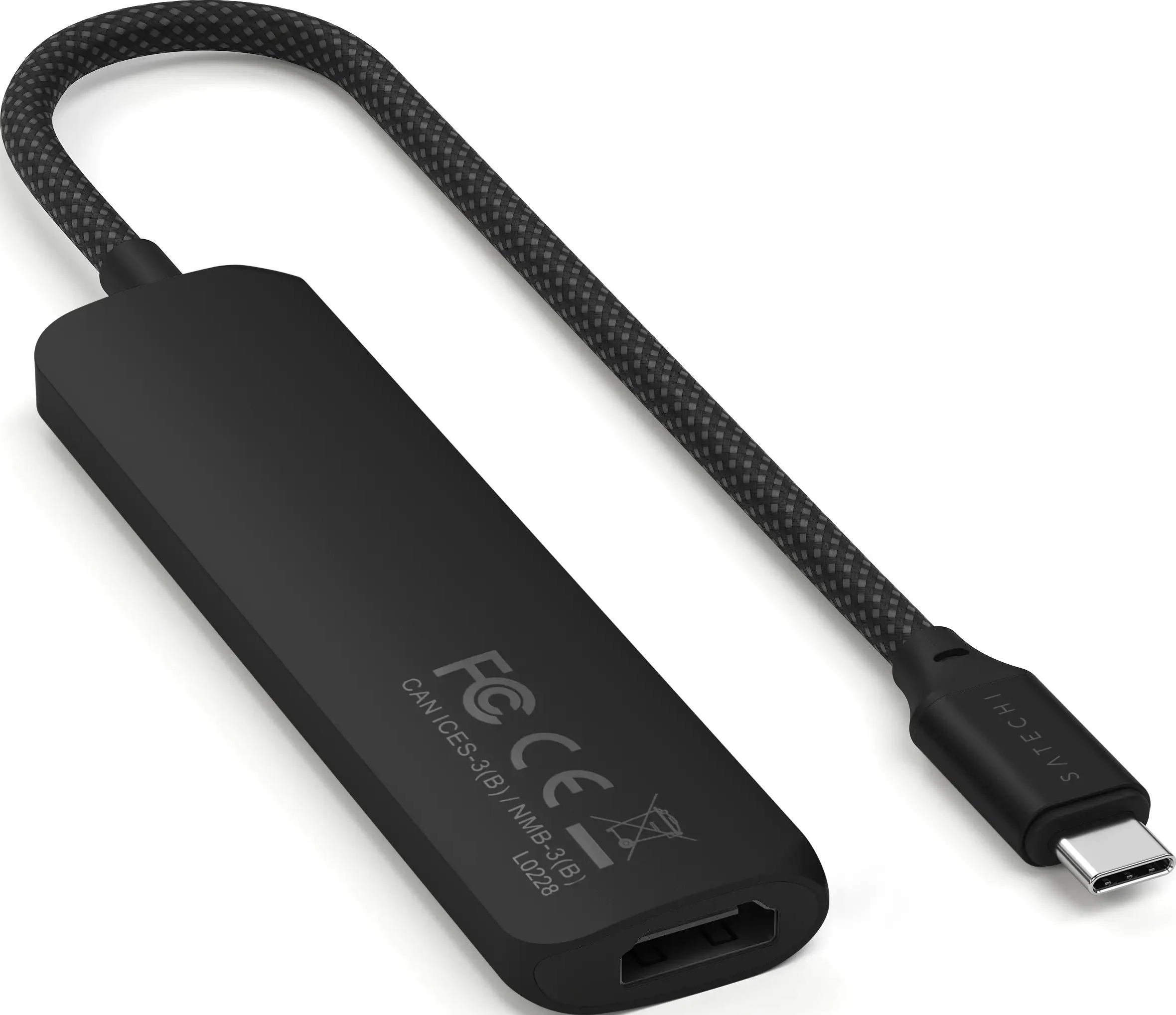 Schwarzer USB-C-zu-HDMI-Adapter mit geflochtenem Kabel.