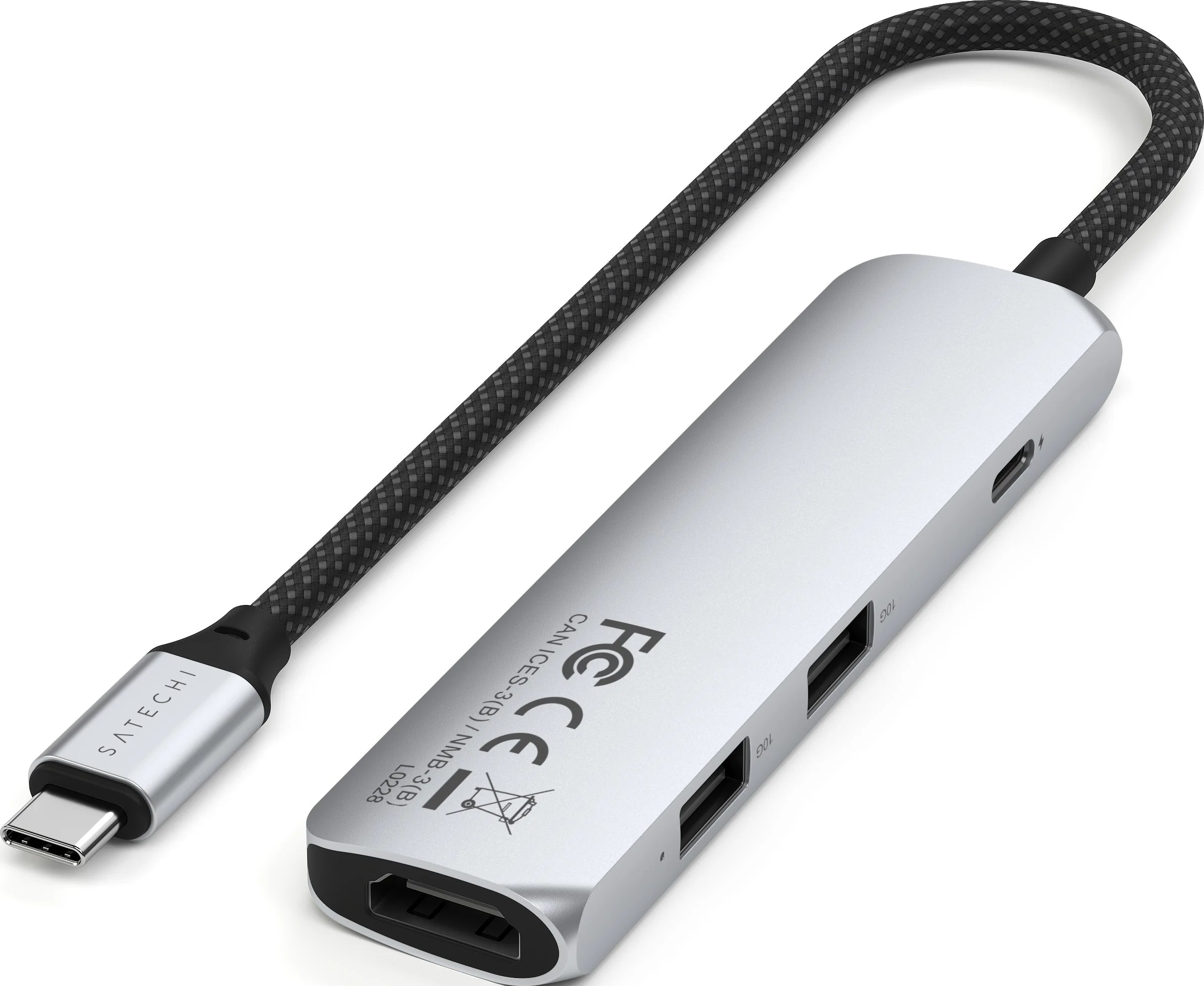 Silberner USB-C-Hub mit USB-Anschlüssen, HDMI-Anschluss und geflochtenem Kabel.
