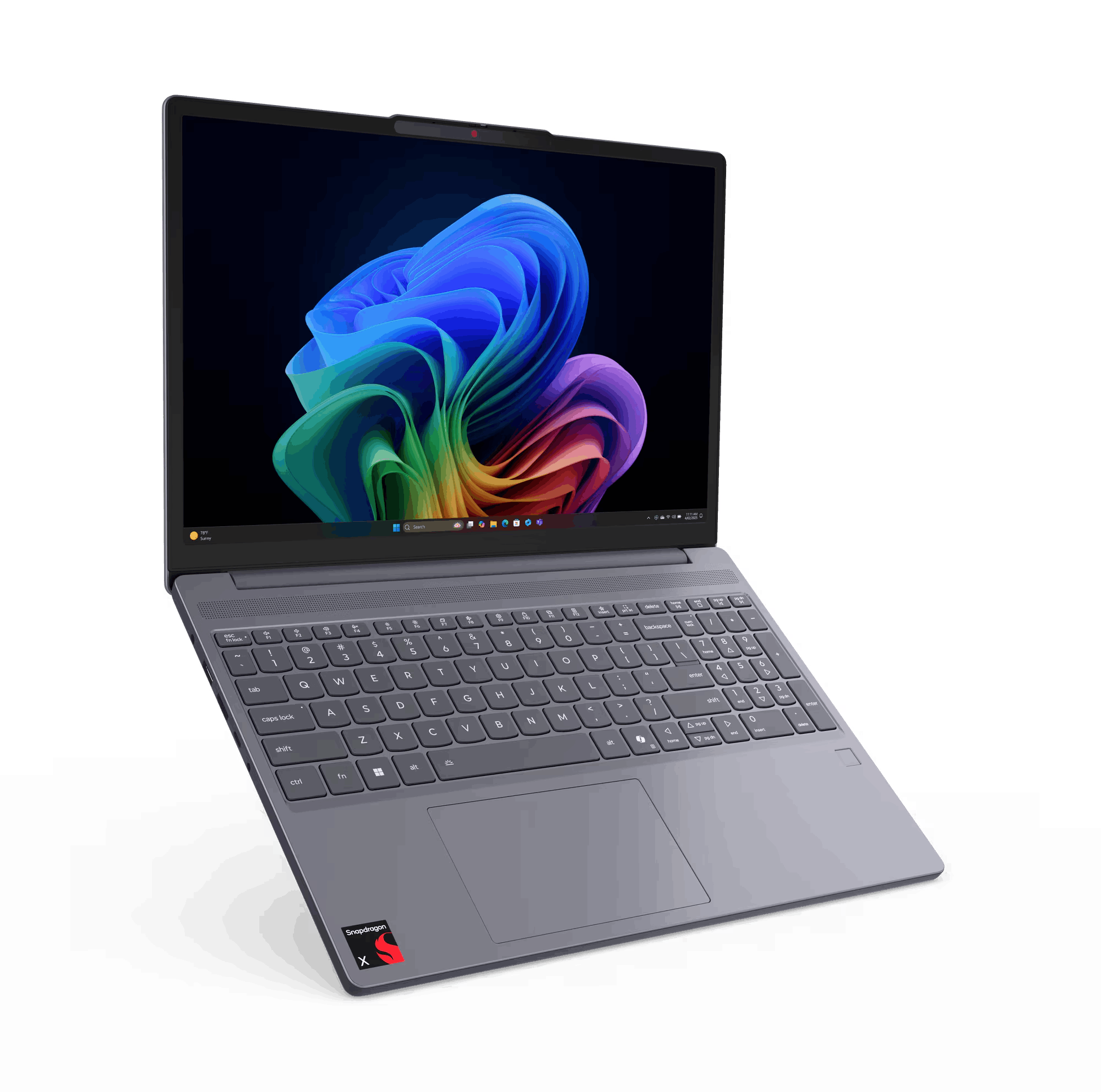 Laptop gris con pantalla colorida, teclado y logo. Insignia Snapdragon X abajo a la izquierda.