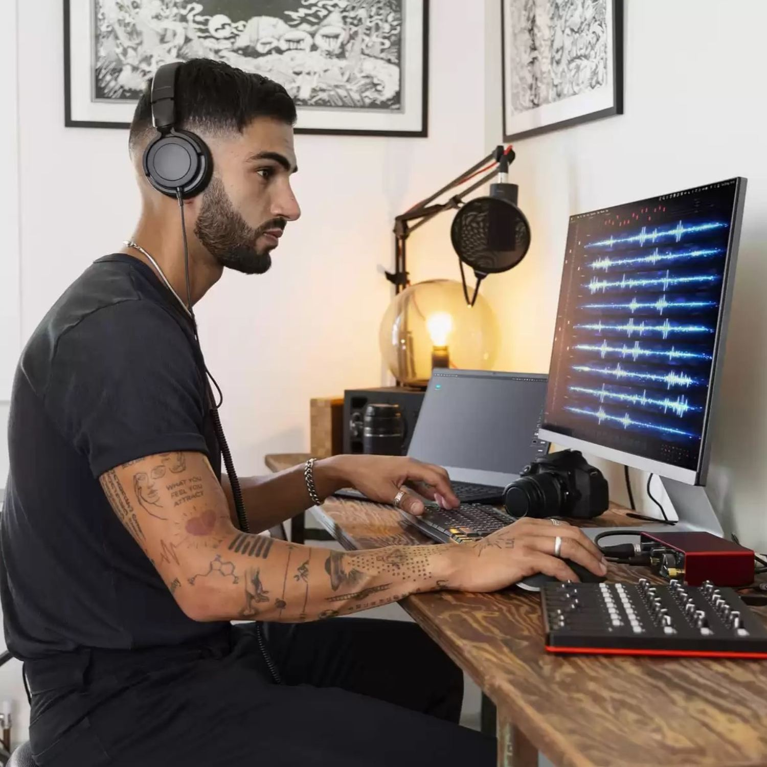 Hombre con auriculares trabaja en una computadora en un estudio con micrófono y panel de control.