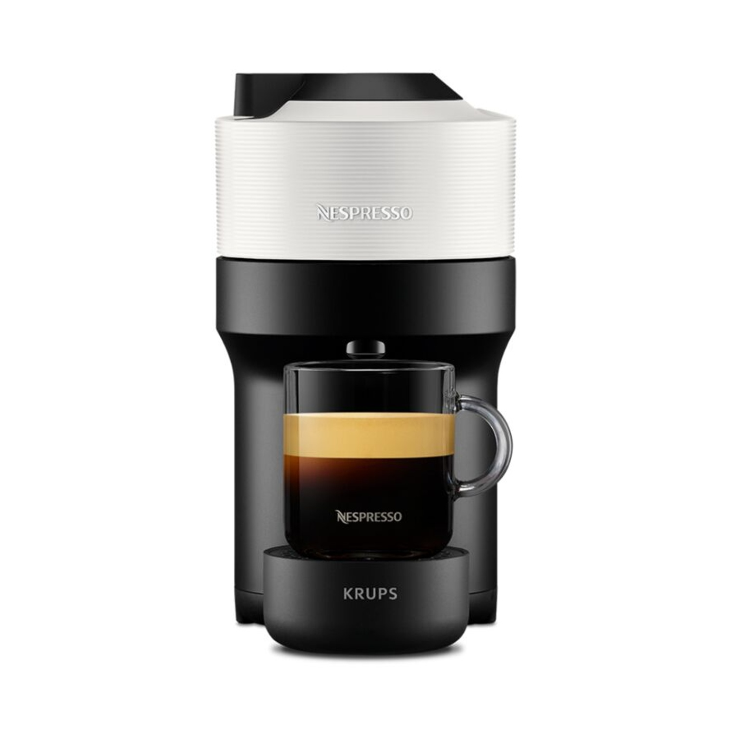 Macchina Nespresso con un bicchiere di caffè e una base nera. Parte superiore bianca e corpo nero.