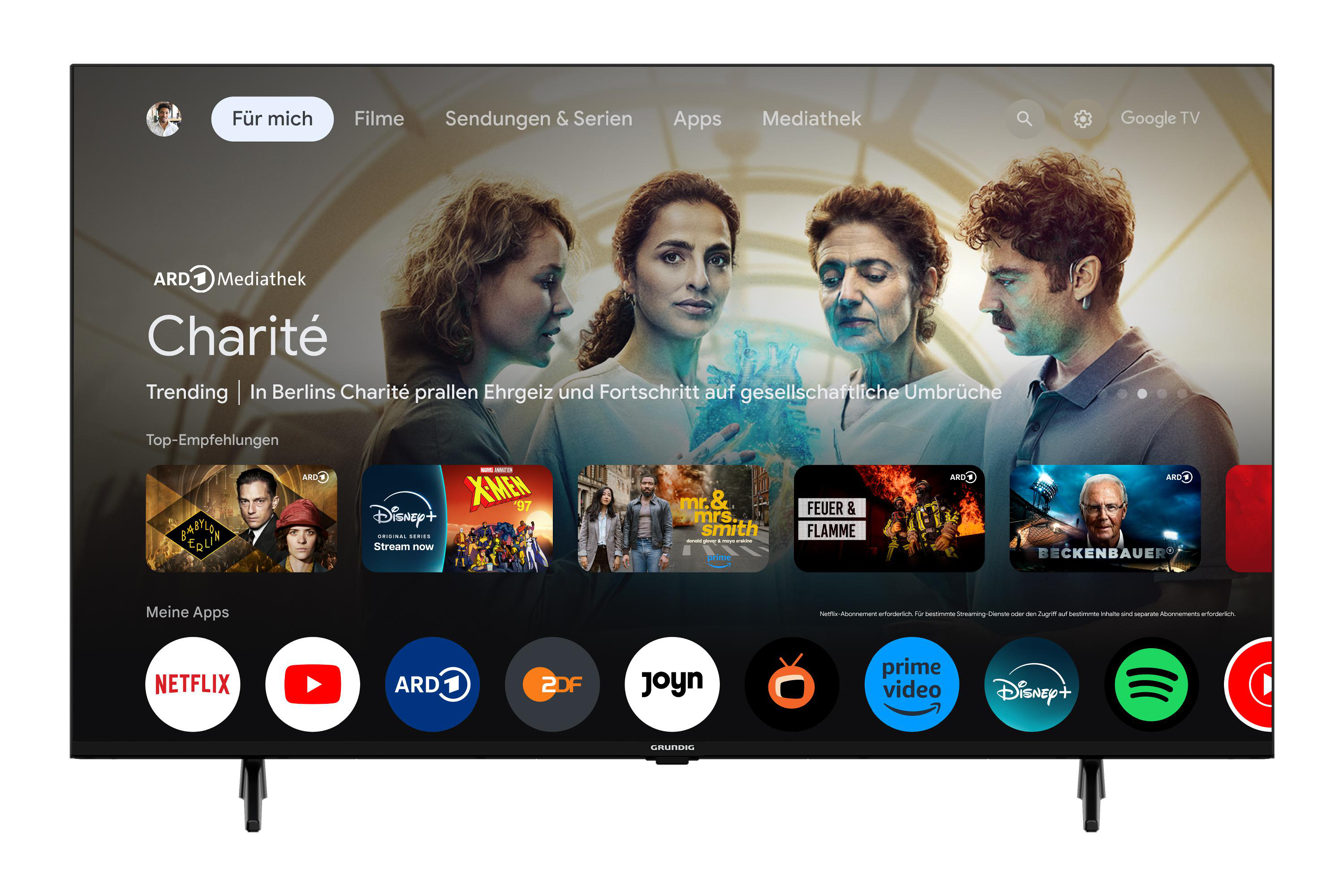 Großer Bildschirm-TV mit deutschem Fernsehprogramm-Interface.