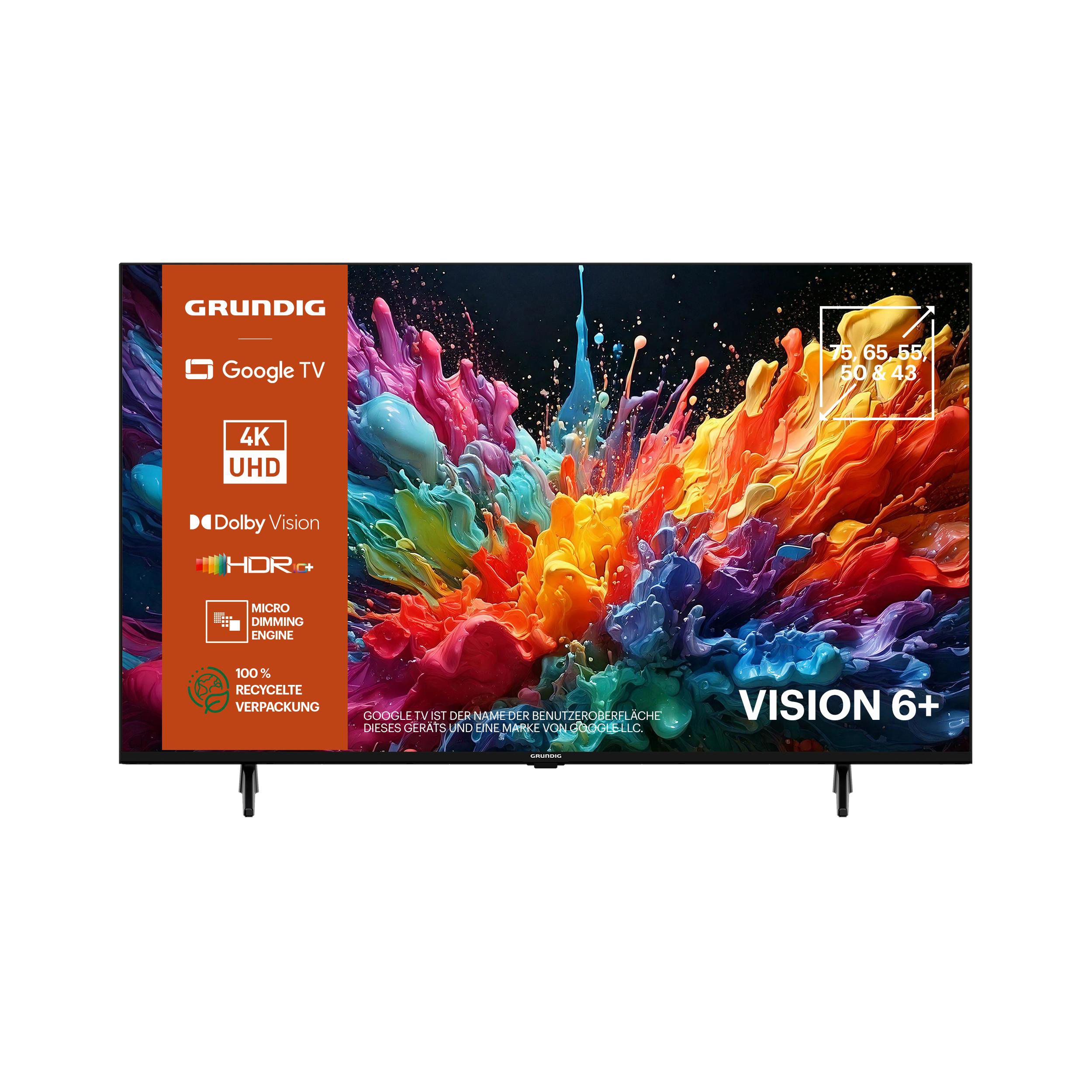 Ein Grundig-Fernseher mit einer bunten Grafik auf dem Bildschirm und weißem Hintergrund.