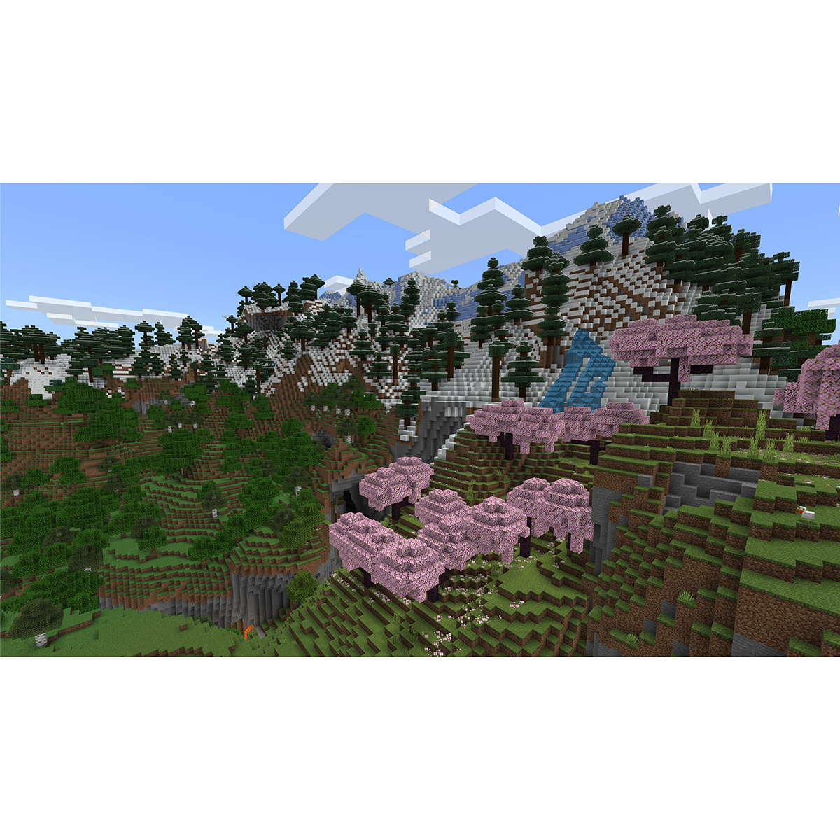 Una escena de Minecraft con montañas y árboles rosas.