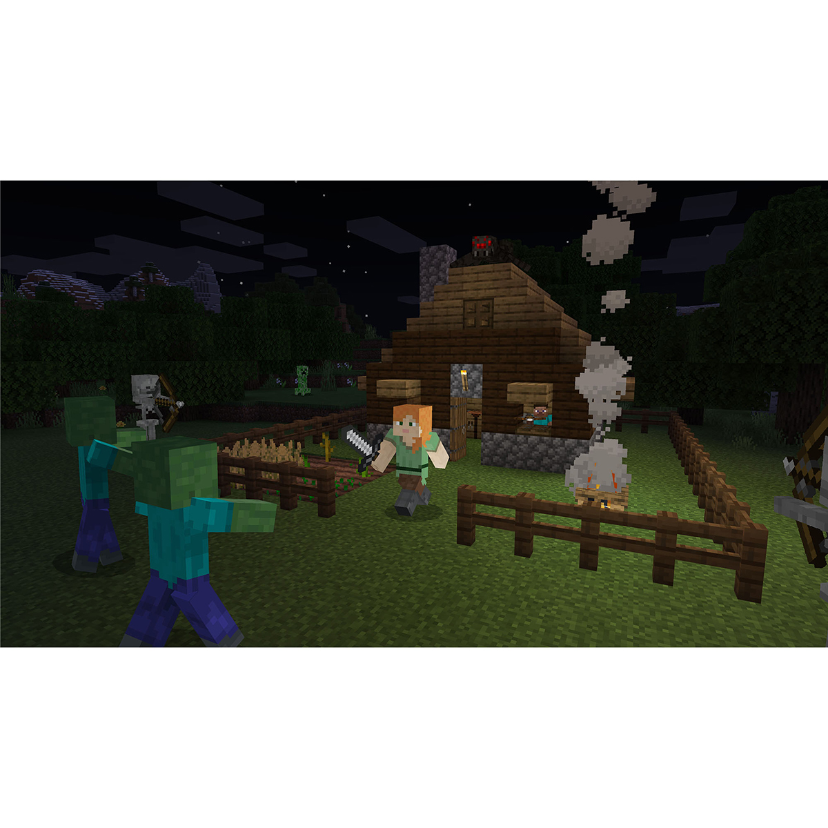 Escena de Minecraft: Personaje con espada frente a zombis cerca de una cabaña con fogata por la noche.