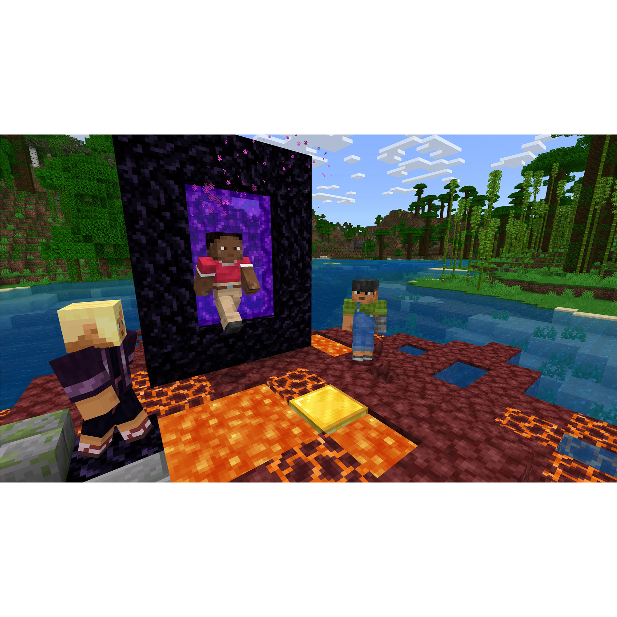 Personajes de Minecraft en una escena de portal con lava y un cuerpo de agua.
