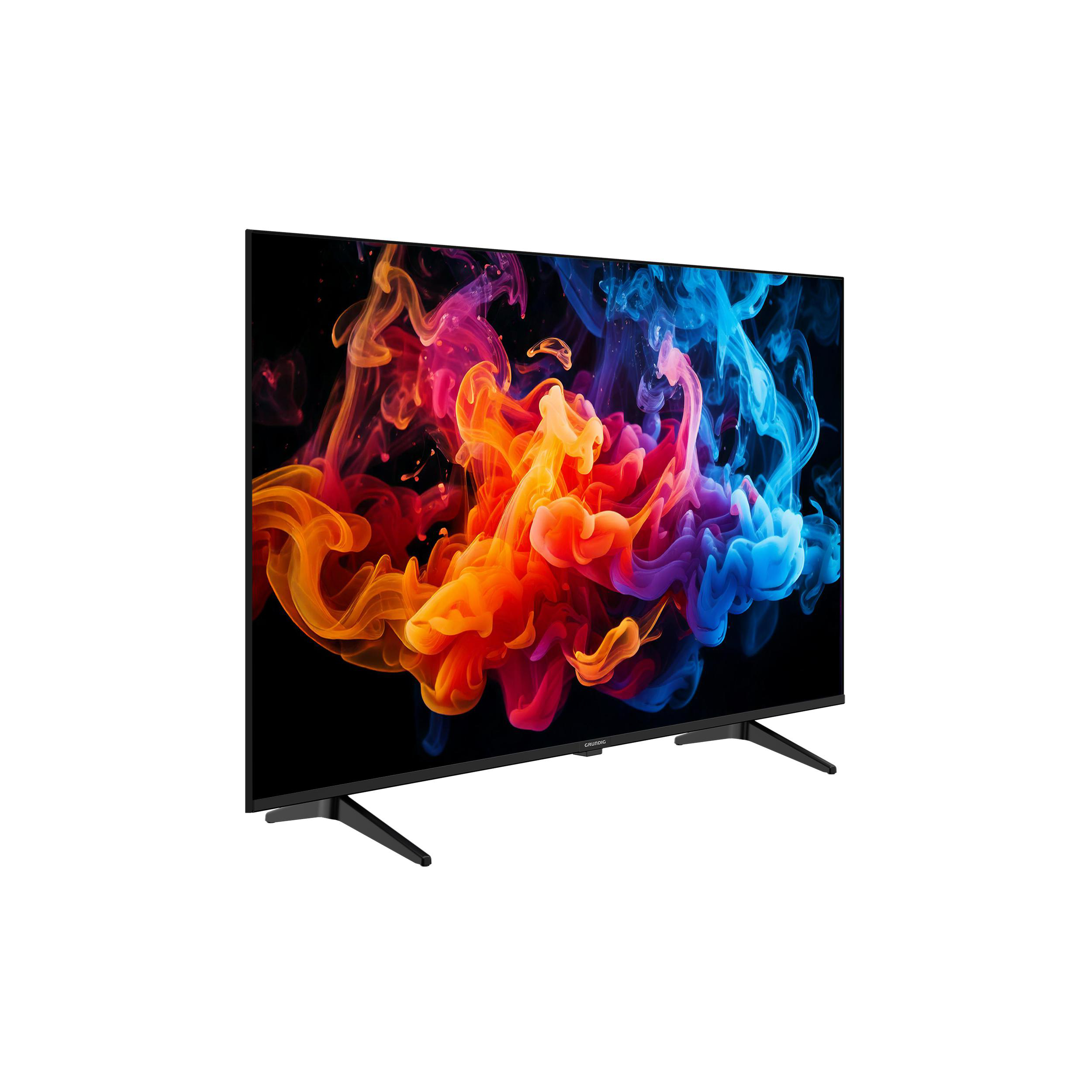Ein schwarzer Fernseher mit bunten Formen auf dem Bildschirm, schwarzem Ständer und Hintergrund.