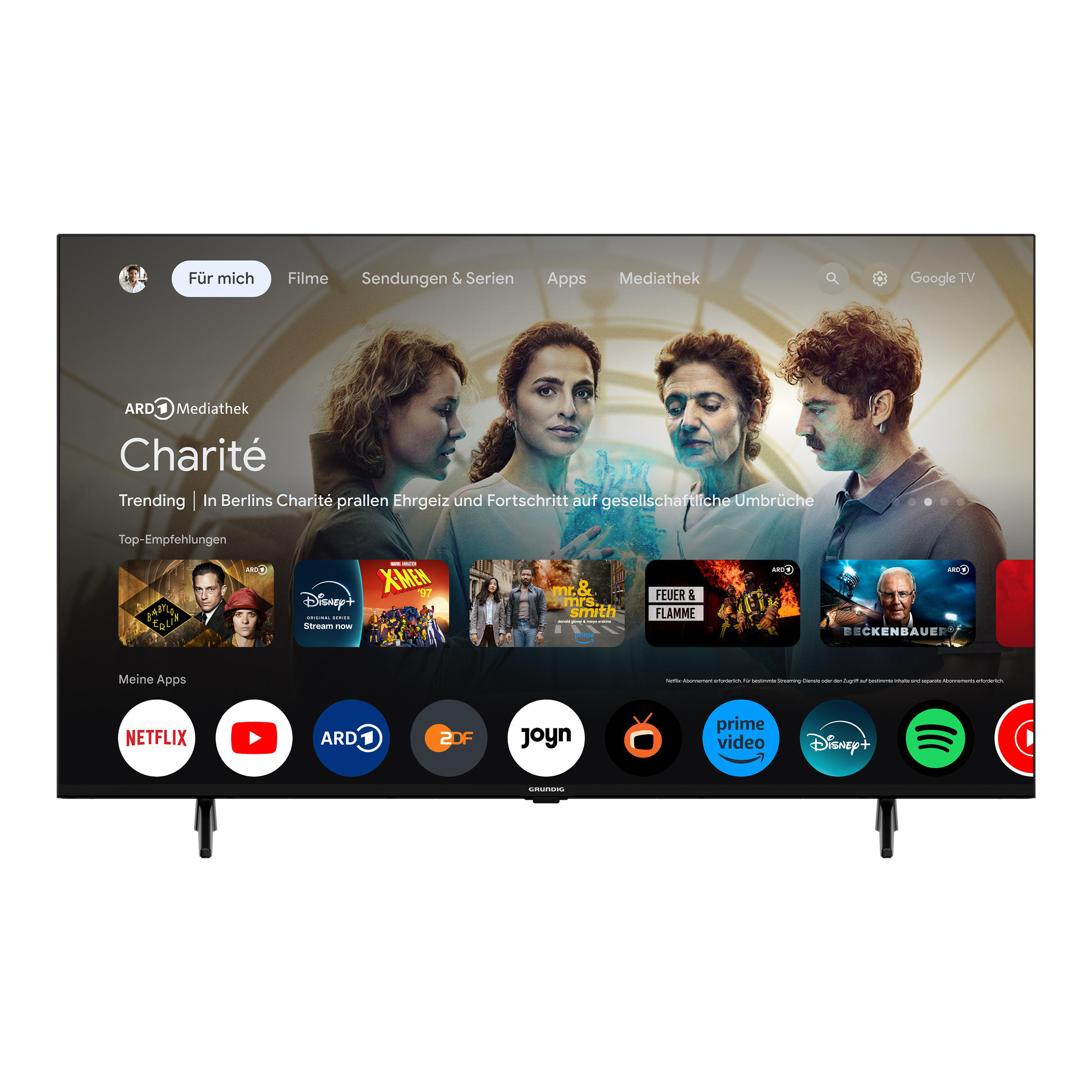 Ein großer schwarzer Fernseher, der ein Streaming-Dienstmenü mit mehreren App-Symbolen unten zeigt.