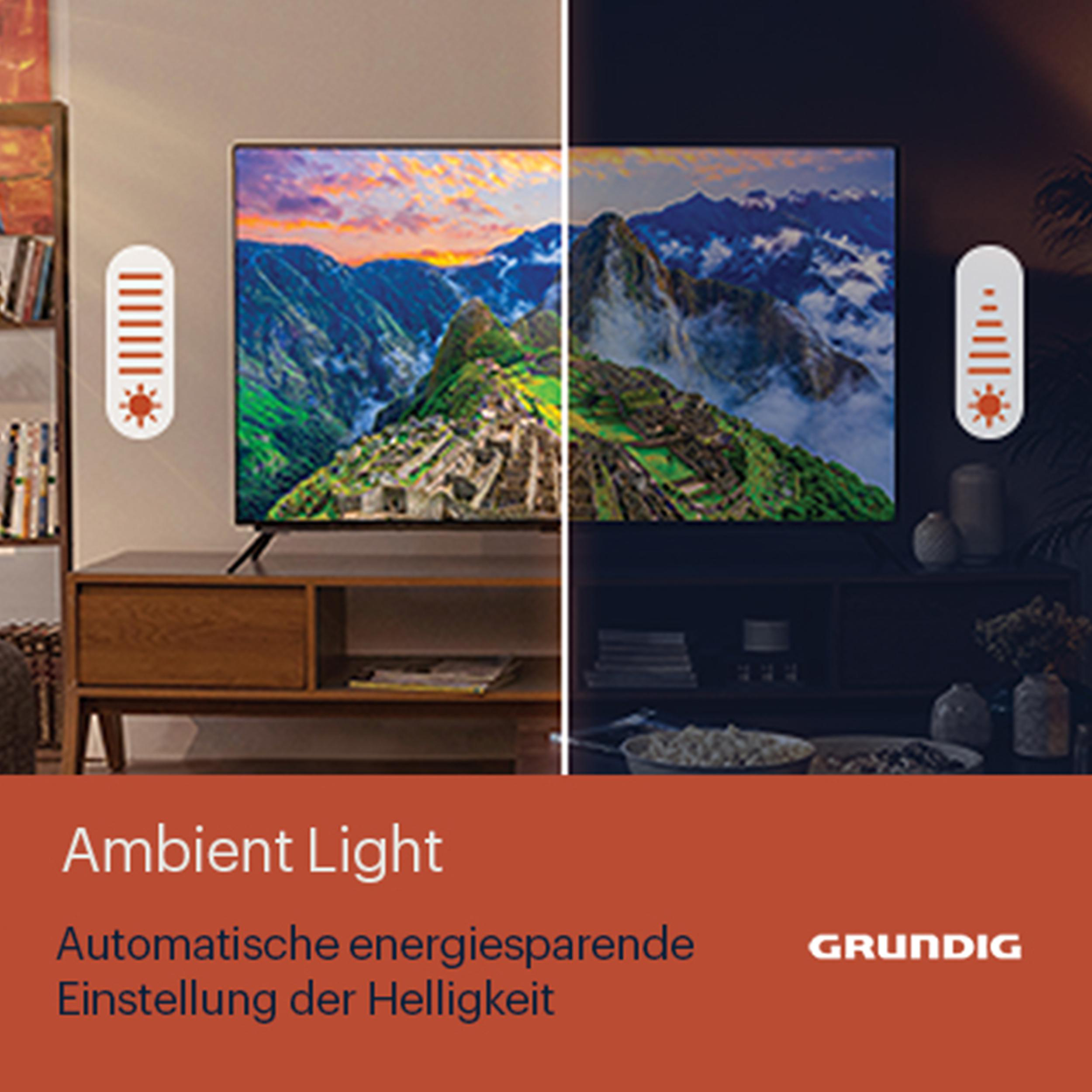 Ein Fernseher zeigt zwei Bilder und den Text 'Ambient Light' mit Grundig-Logo.