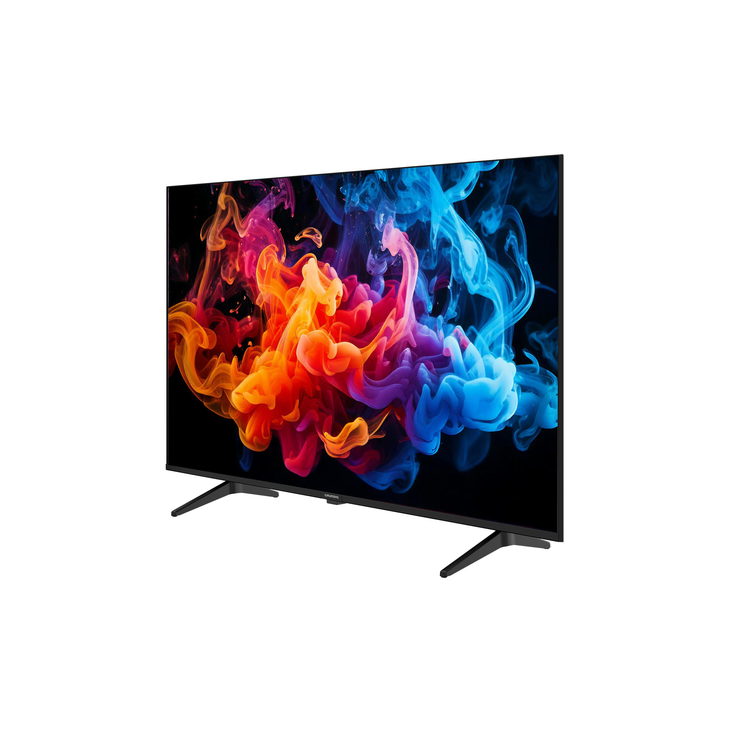 Schwarzer Fernseher mit farbenfrohem Display. Seitenansicht, unterstützt von zwei schwarzen Füßen.